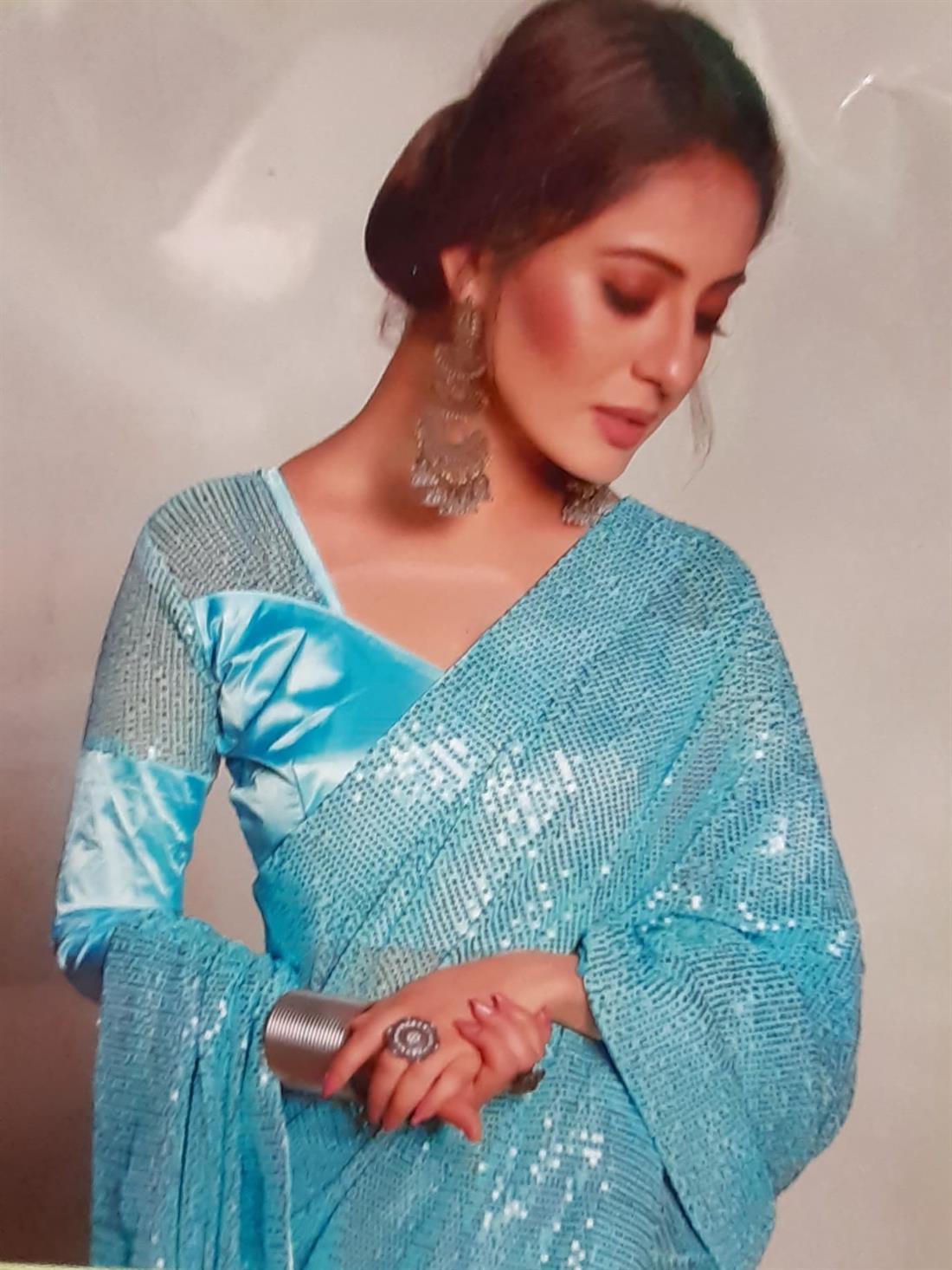 Aqua Blue Beautiful Sequence Work Net Lycra Saree