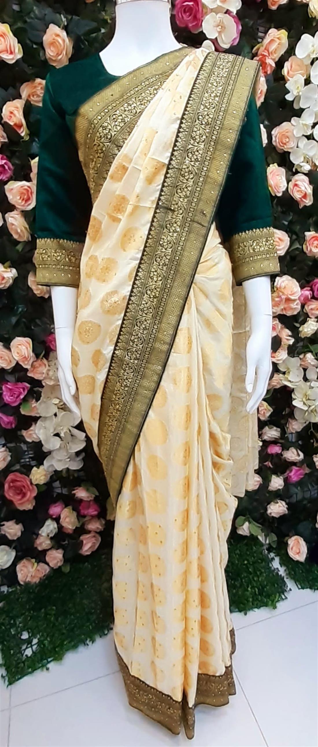 Beige & Green Banarasi Sarees
