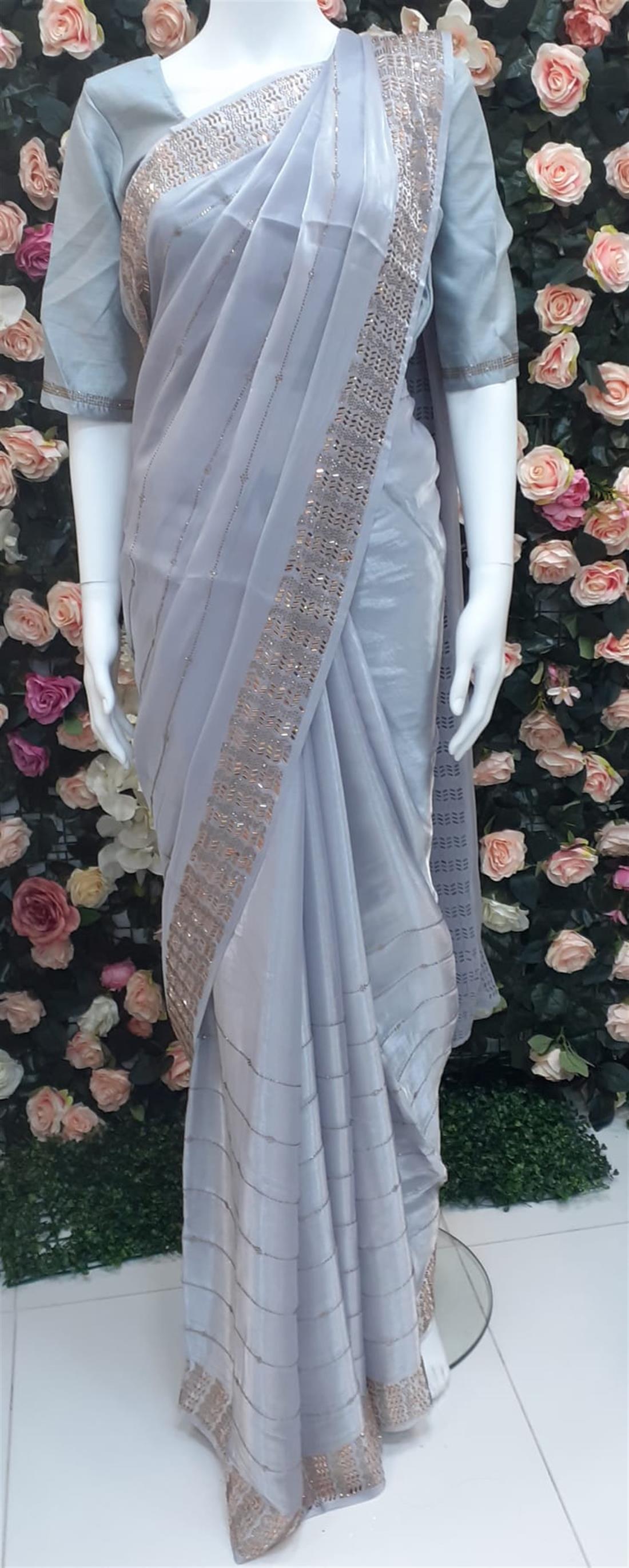 Ice Blue Embroidered Organza Sarees