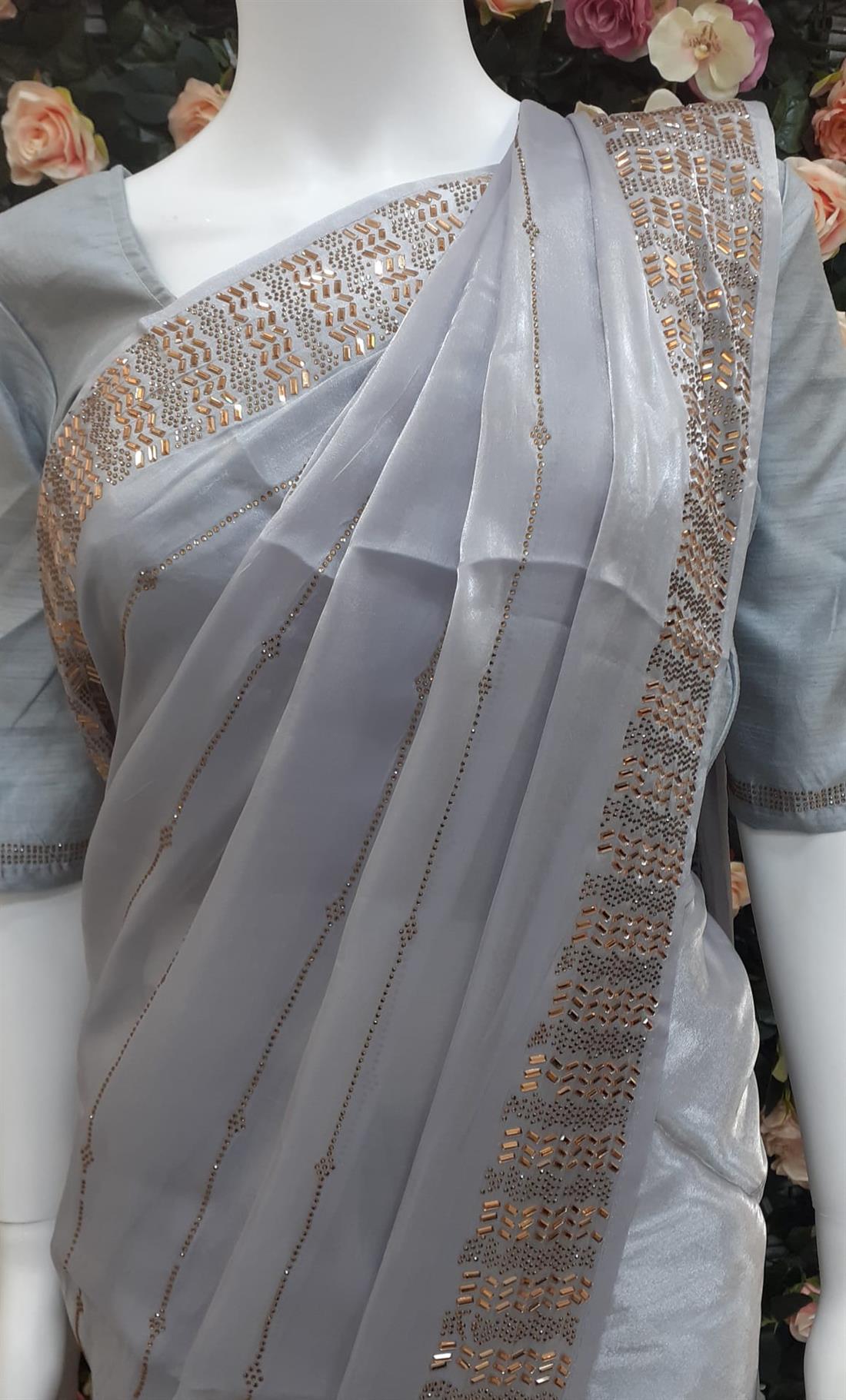 Ice Blue Embroidered Organza Sarees