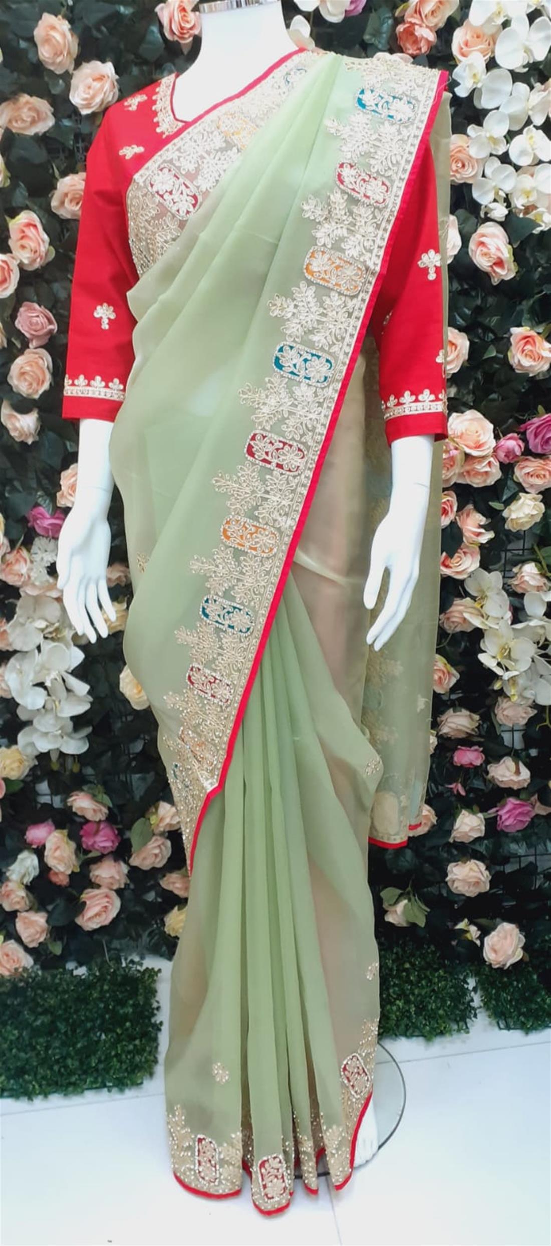 Mint & Coral Raw Silk Sarees