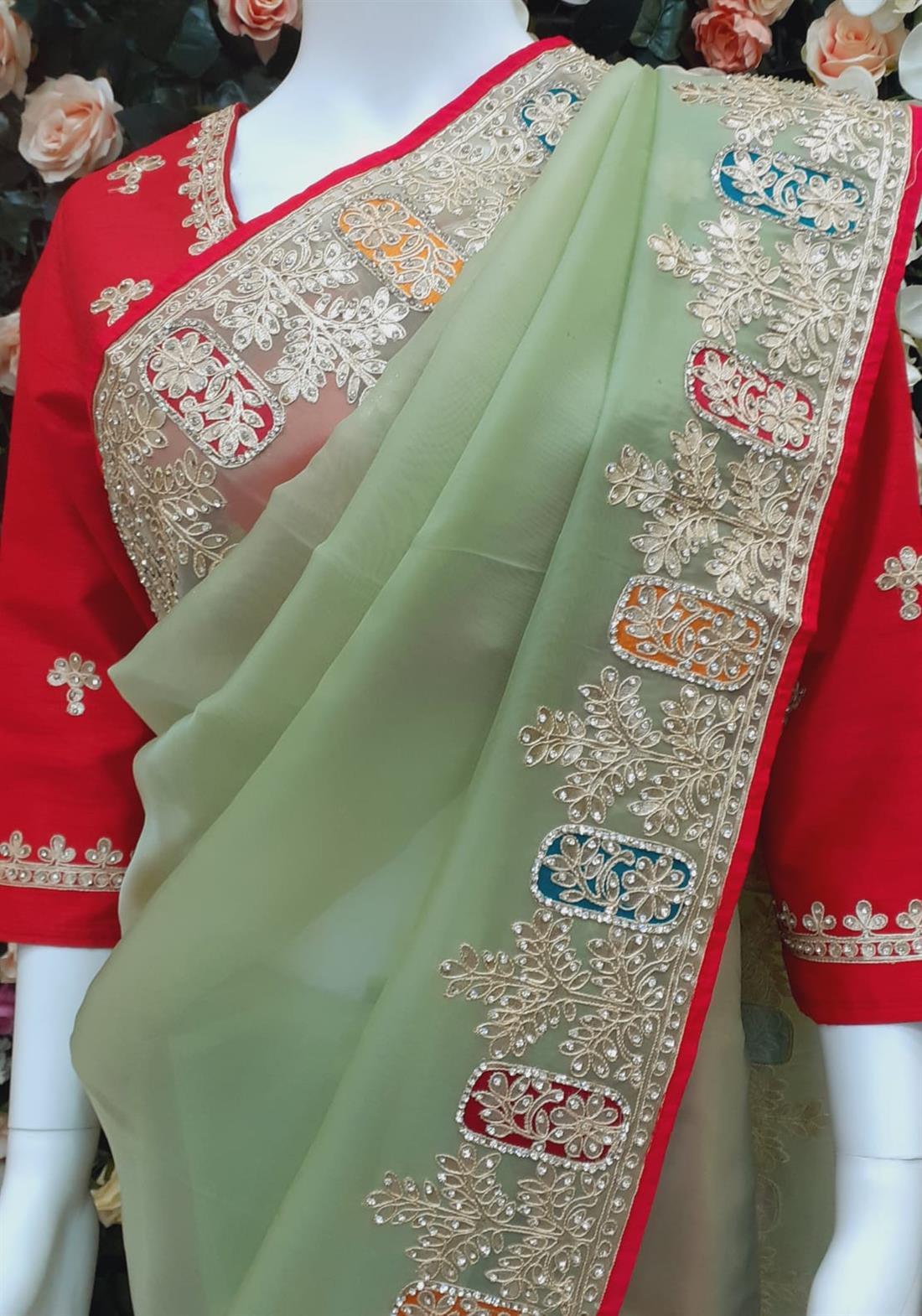 Mint & Coral Raw Silk Sarees
