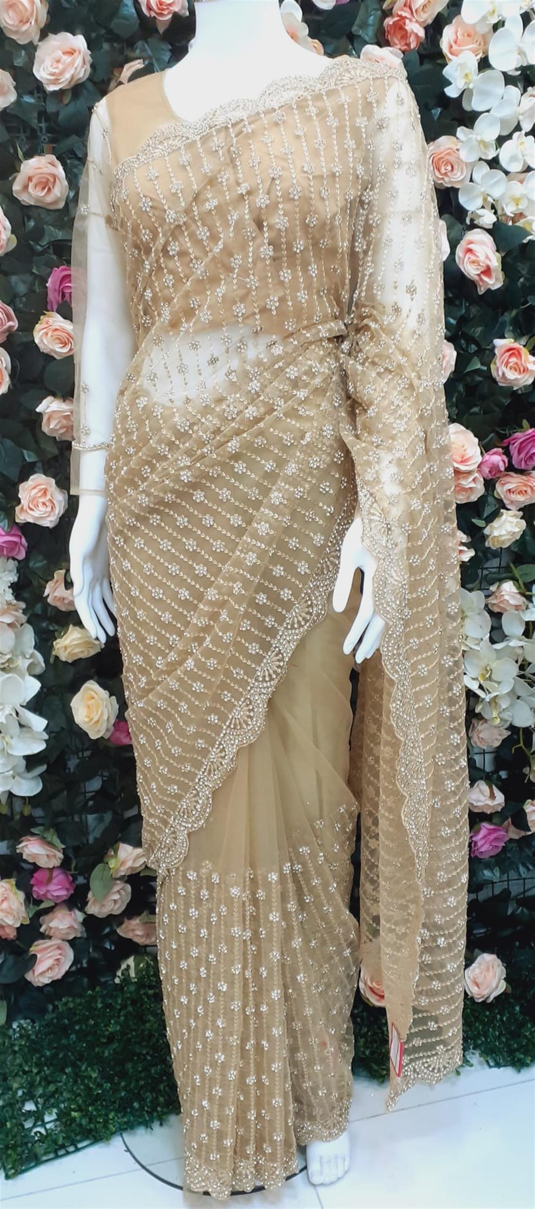 Gold Stone Work Net Saree with Thread and
