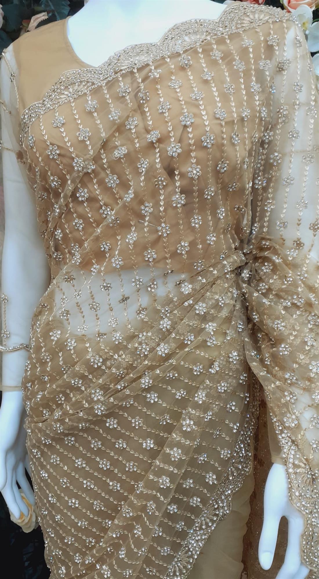 Gold Stone Work Net Saree with Thread and