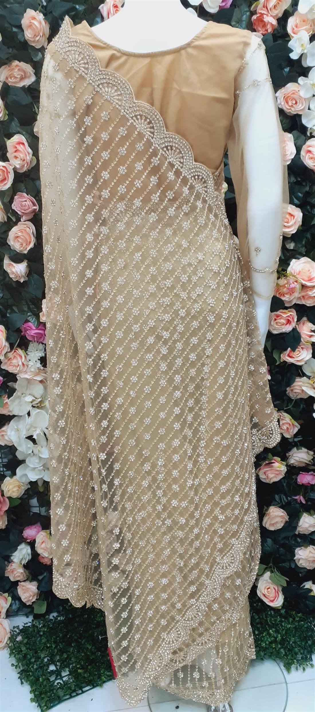 Gold Stone Work Net Saree with Thread and