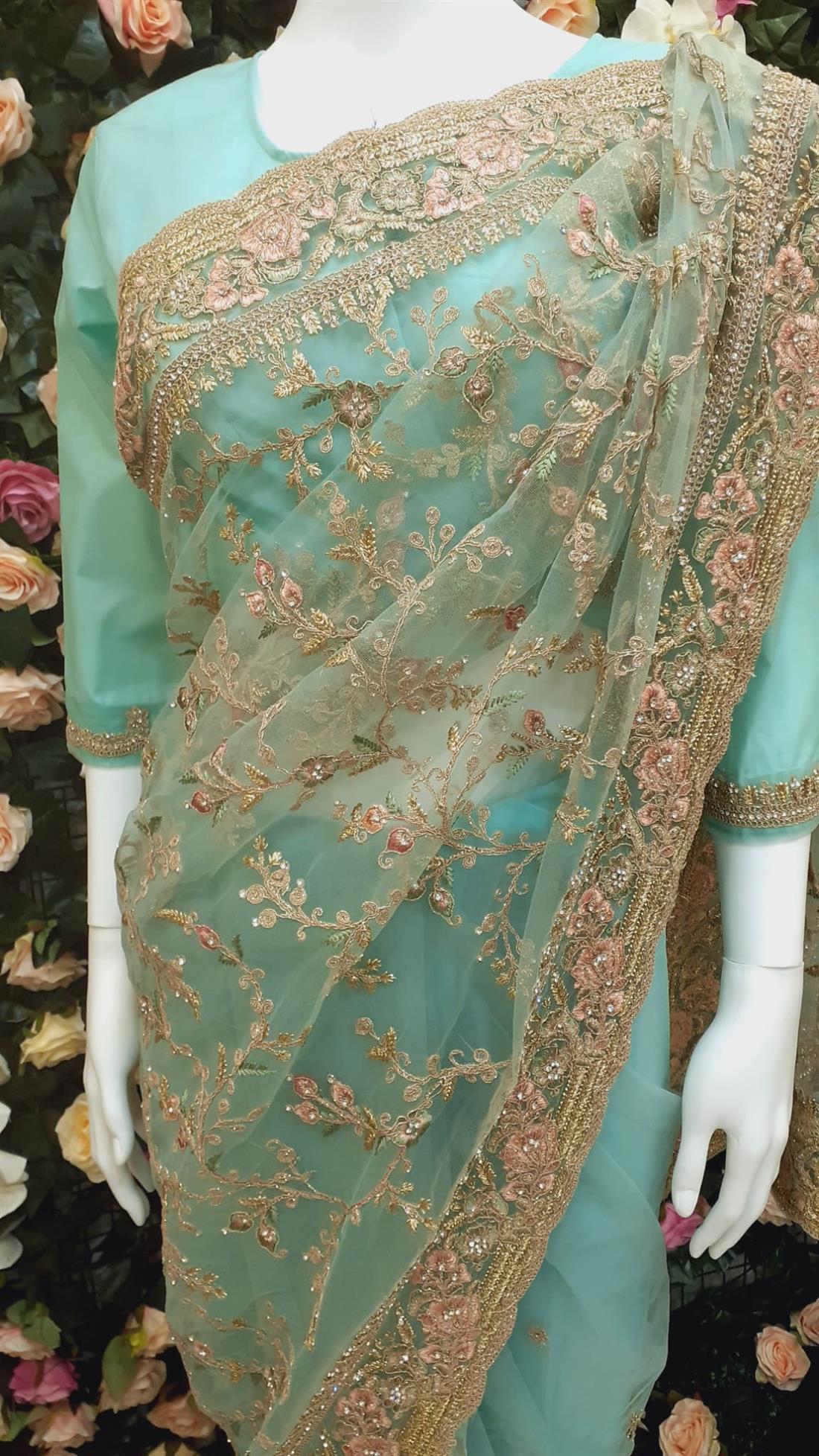 Aqua Blue Stone Work Mint Net Saree with Thread and
