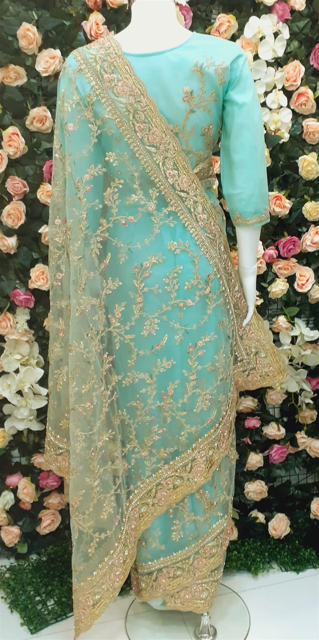 Aqua Blue Stone Work Mint Net Saree with Thread and