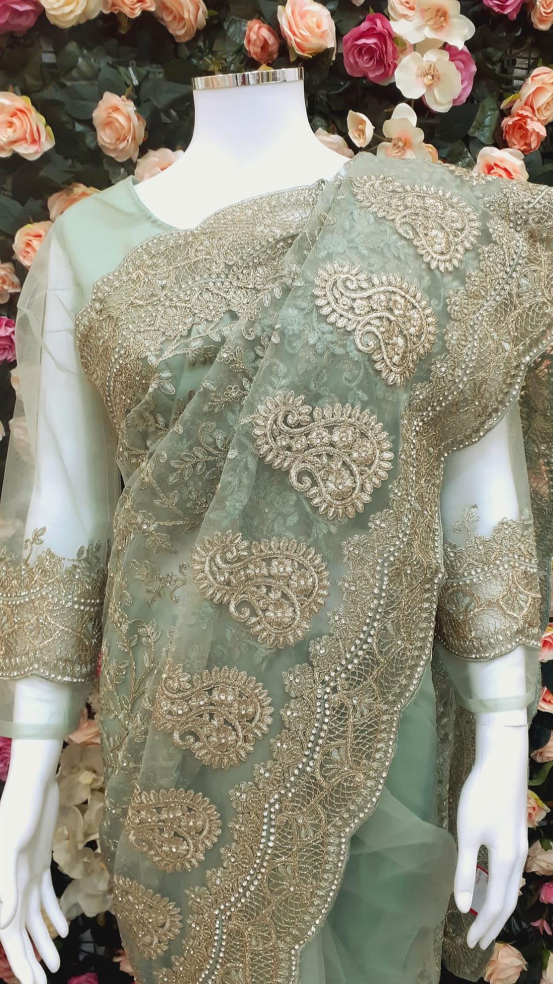 Mint Net Saree with Thread and Stone Work