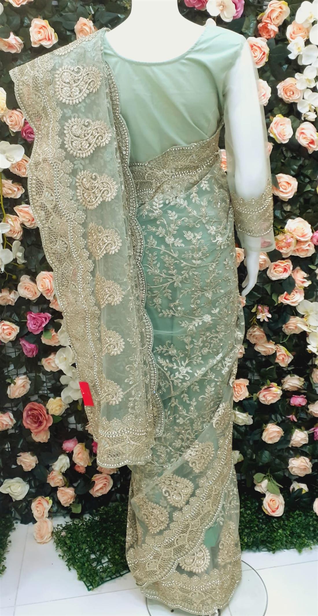 Mint Net Saree with Thread and Stone Work