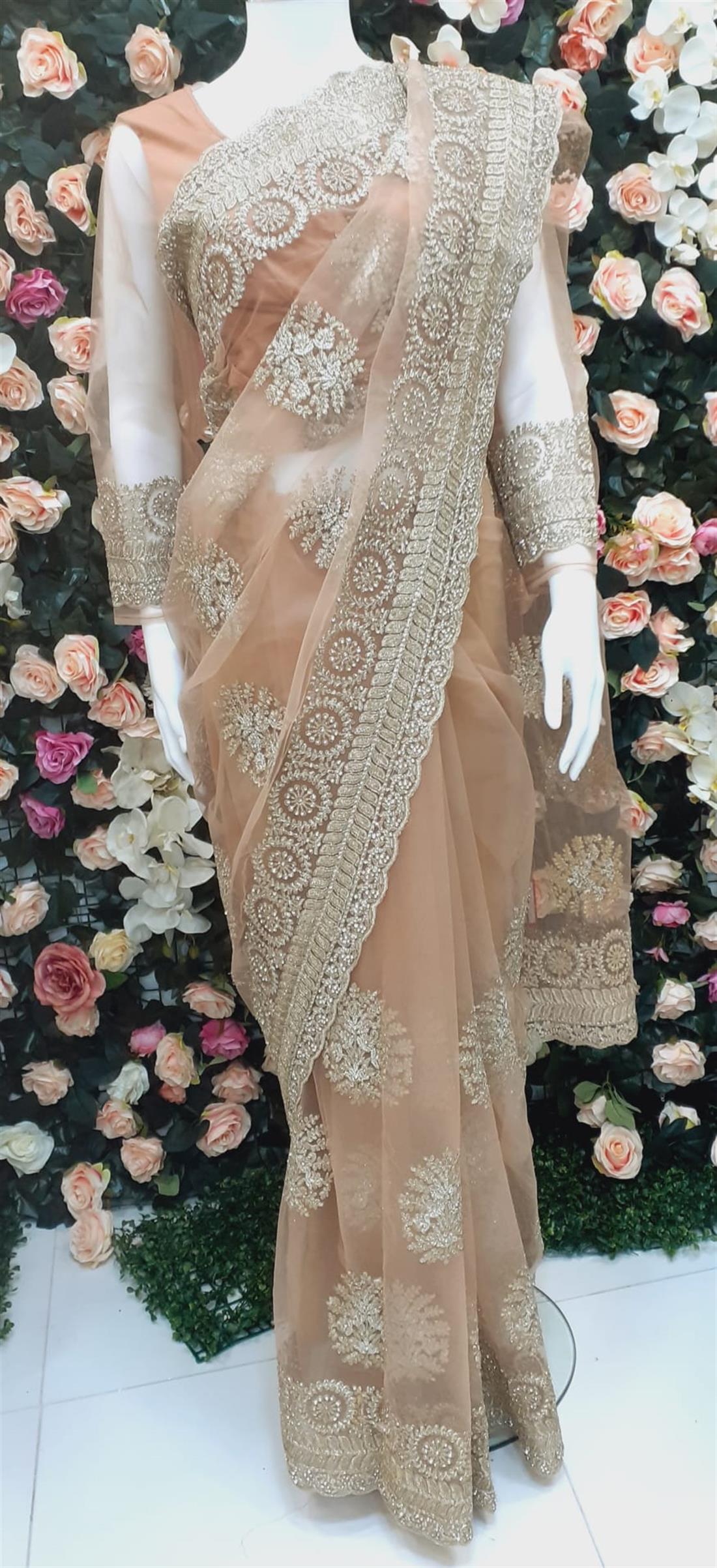 Peach Aqua Net Saree with Thread and Stone Work