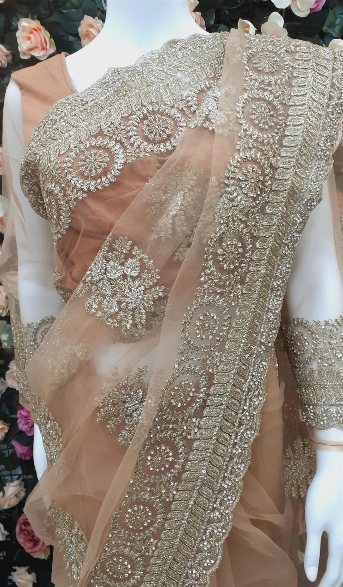 Peach Aqua Net Saree with Thread and Stone Work