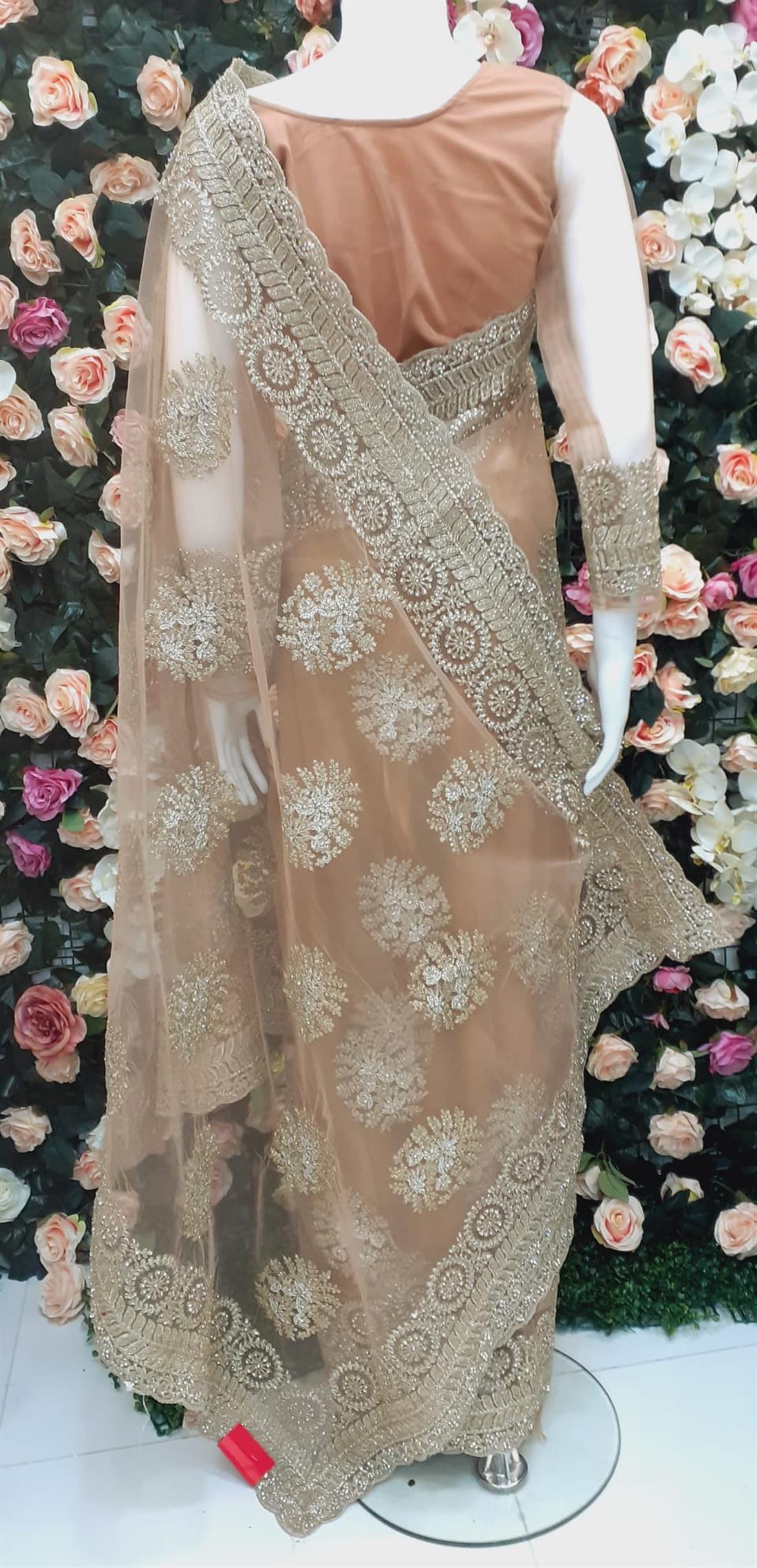 Peach Aqua Net Saree with Thread and Stone Work