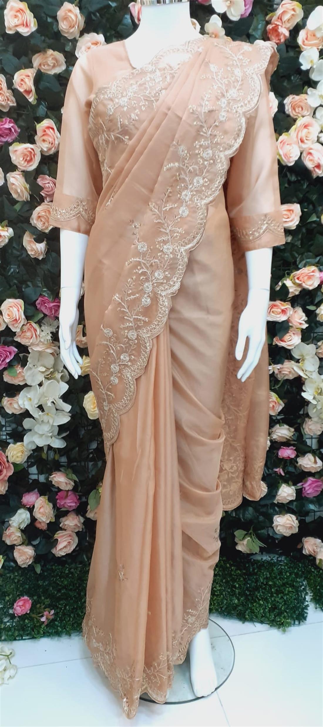 Nude Embroidered Organza Sarees