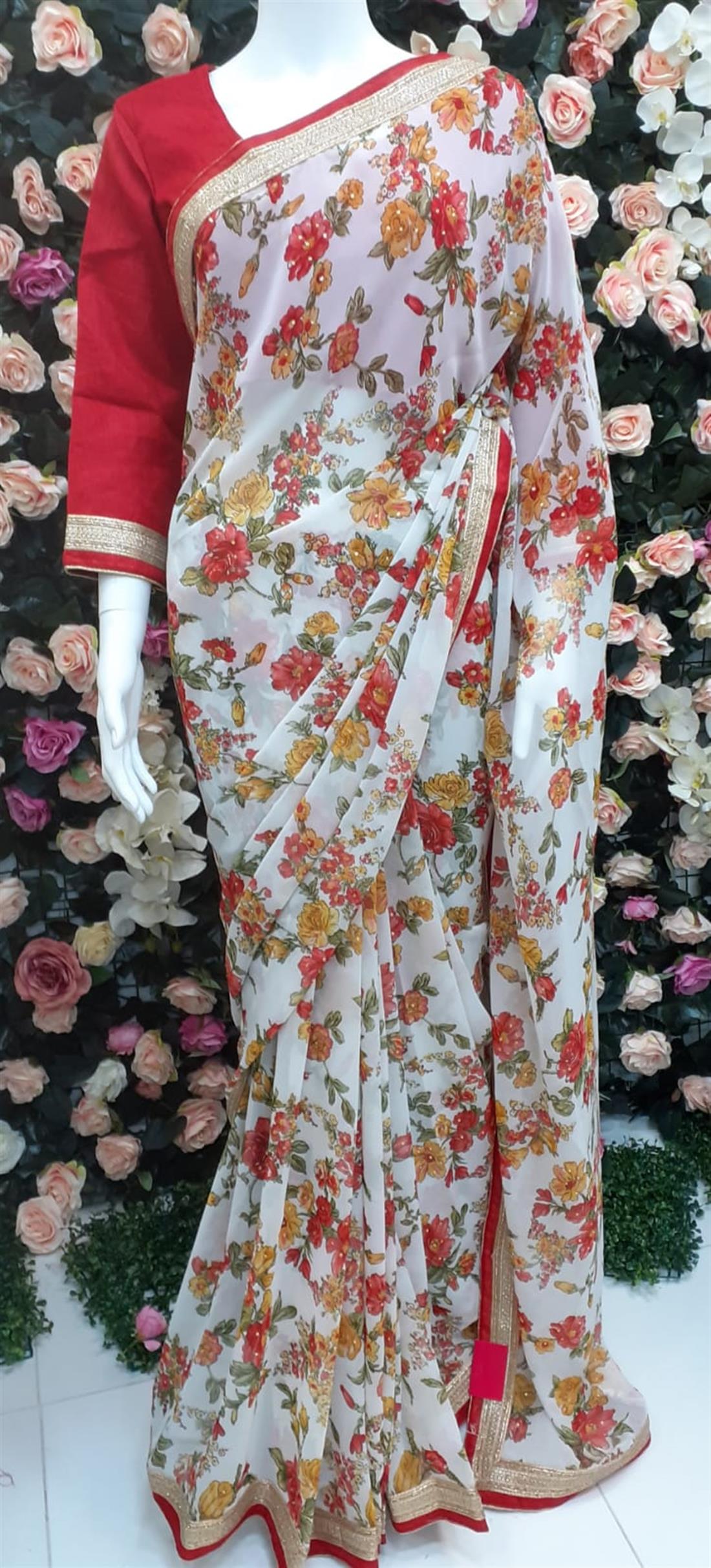 White & Red Georgette Sarees