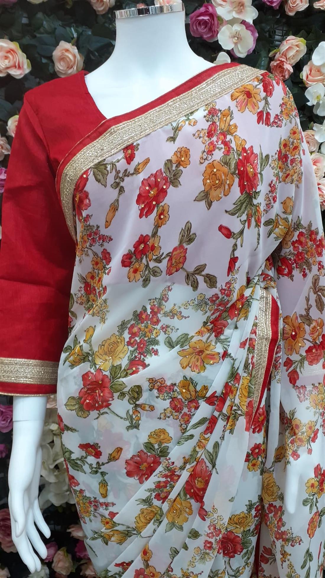 White & Red Georgette Sarees