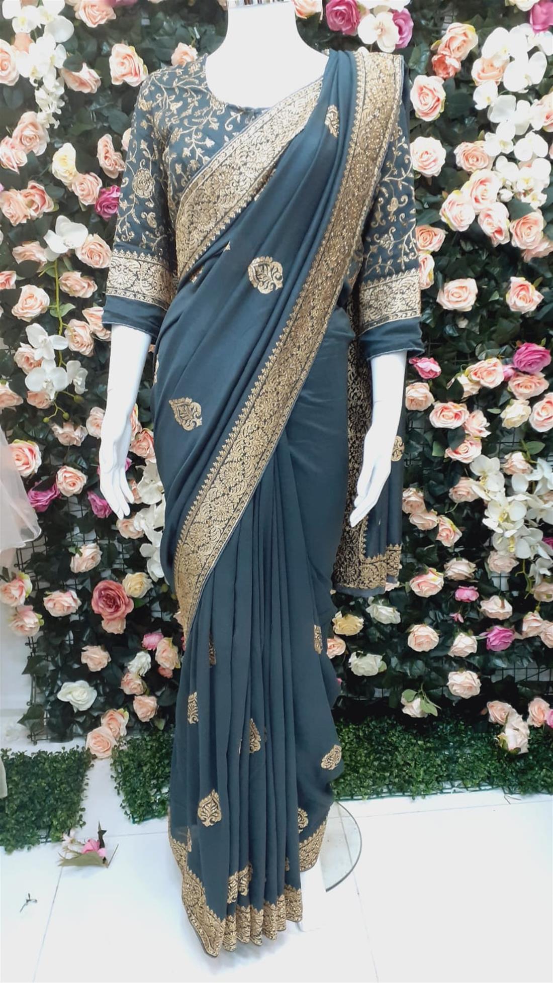 Grey Black Raw Silk Saree