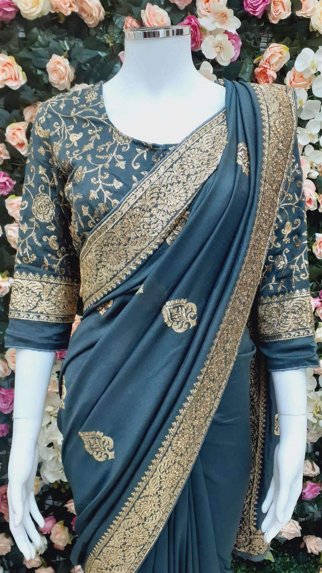 Grey Black Raw Silk Saree
