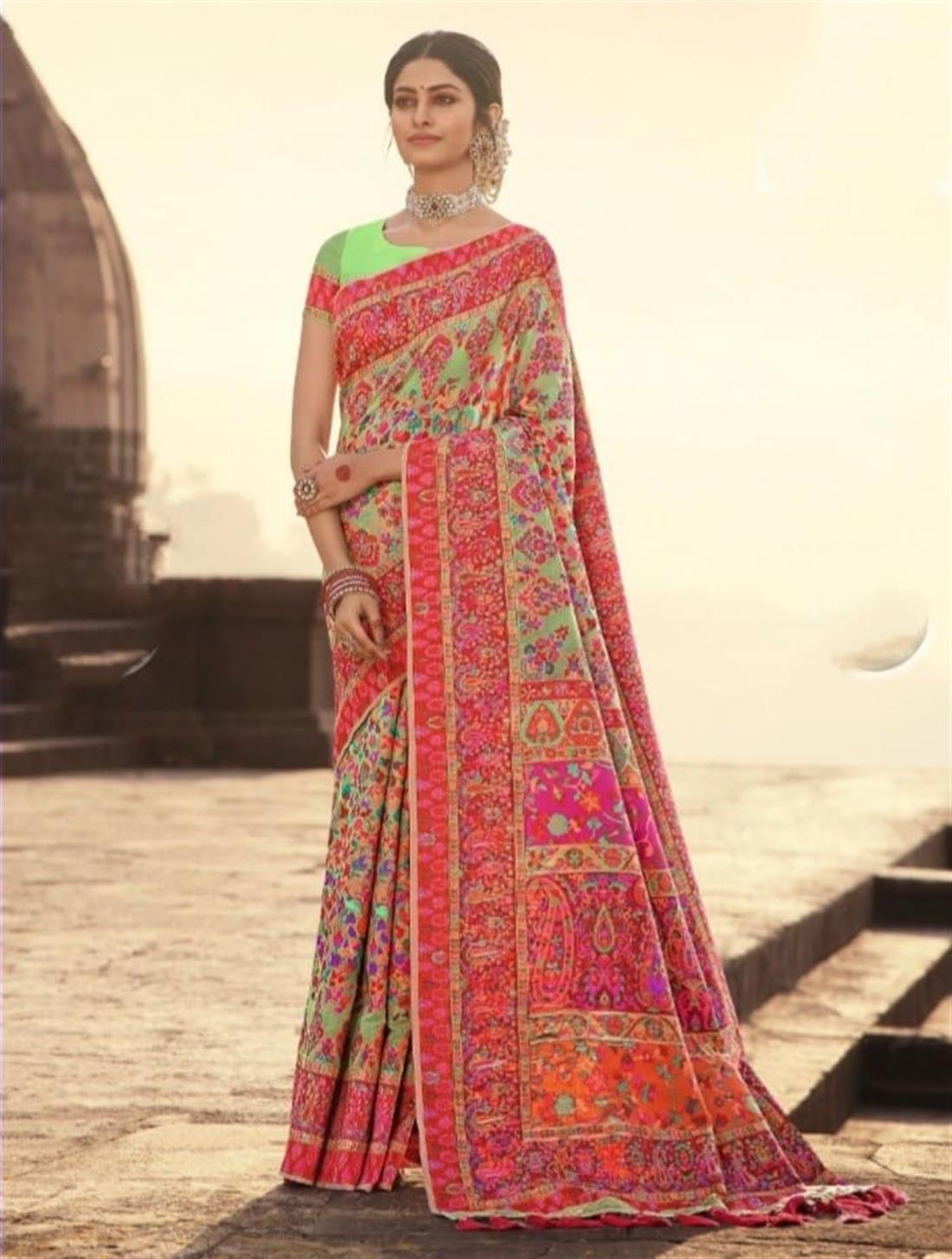 Mint & Pink Banarasi Silk Saree with Digital Printed Work