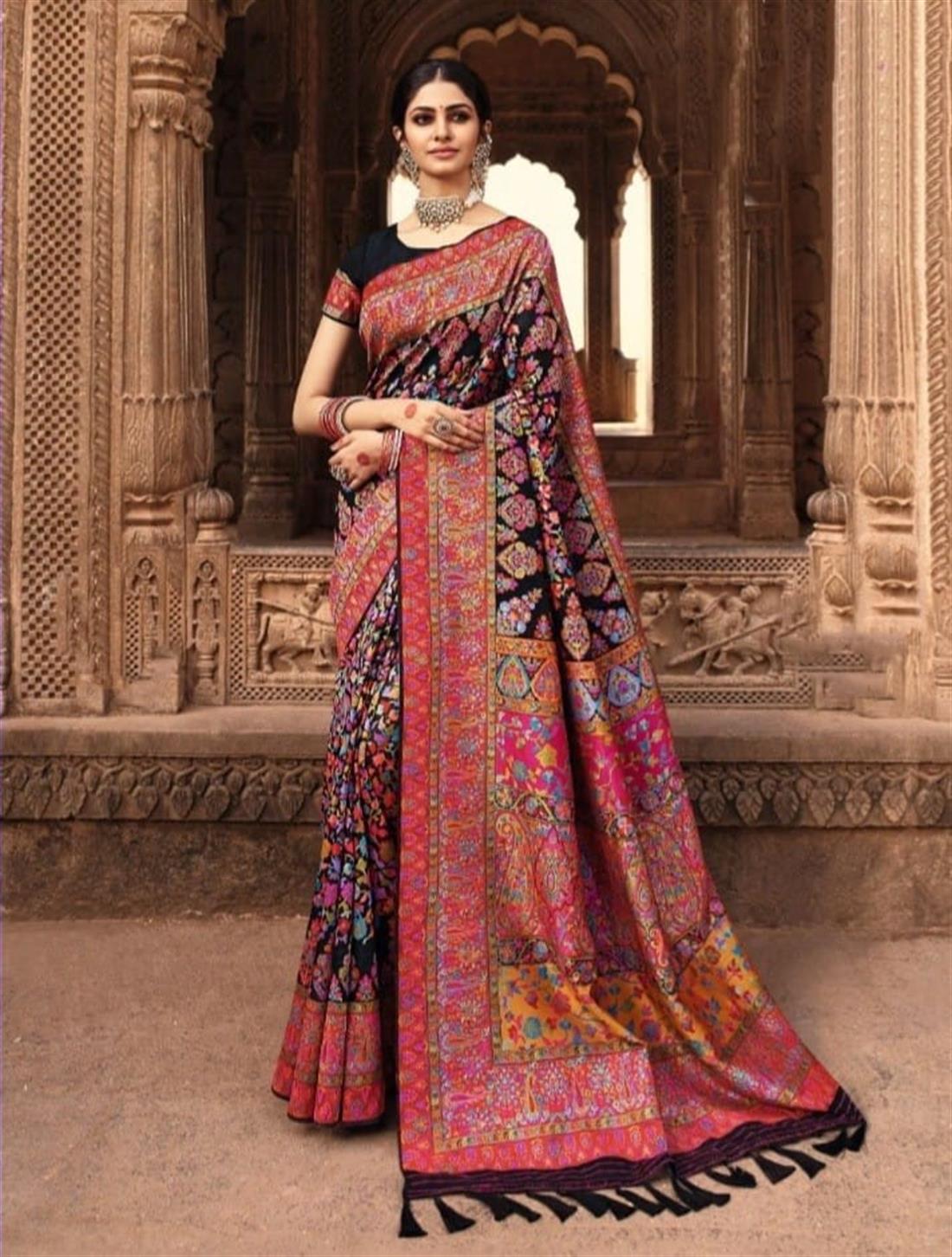 Black & Multicolour Digital Print Banarasi Sarees