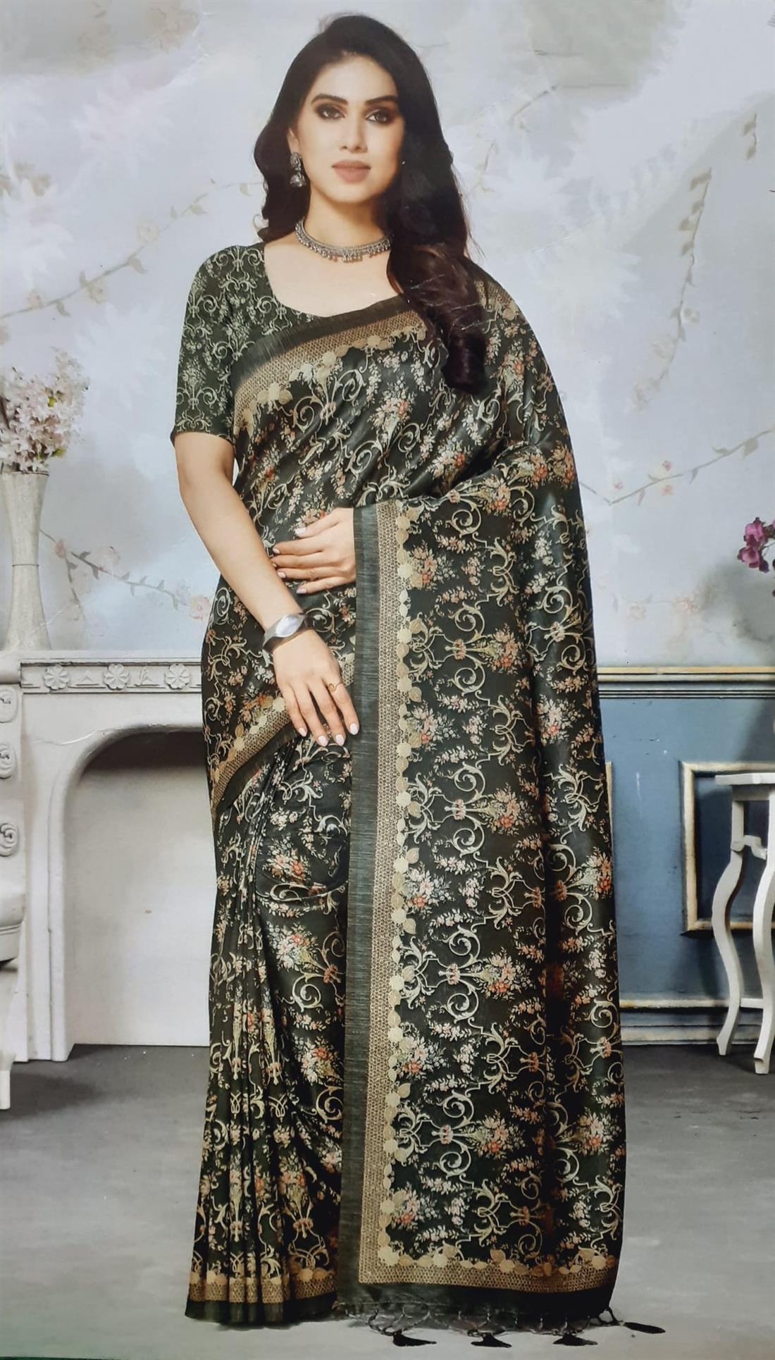 Olive Green Digital Print Banarasi Sarees