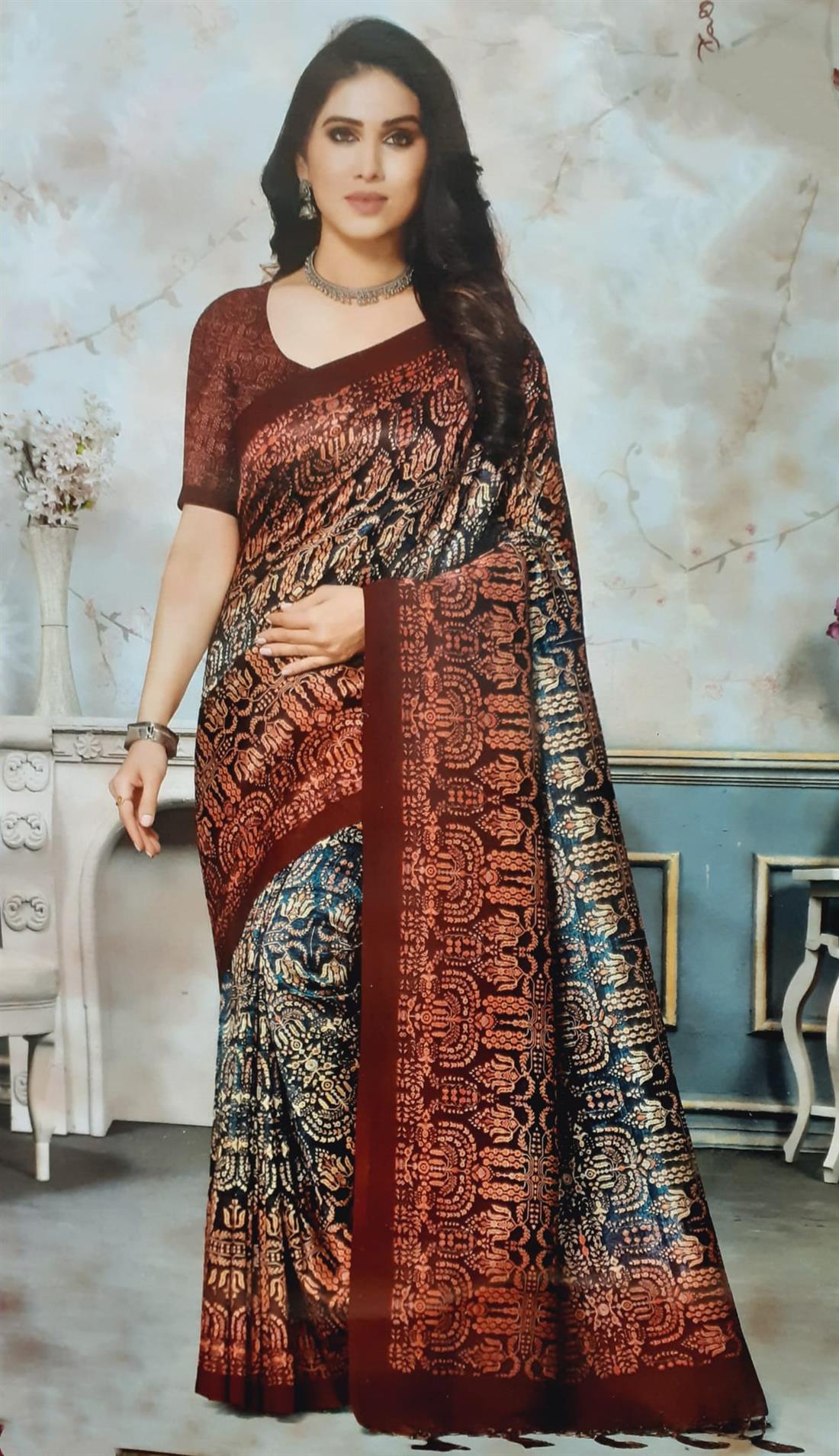 Grey & Maroon Banarasi Silk Saree with Digital Printed Work