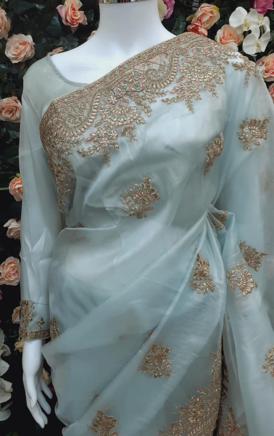 Powder Blue Tissue Net Saree with Tread Works Embroidary Border