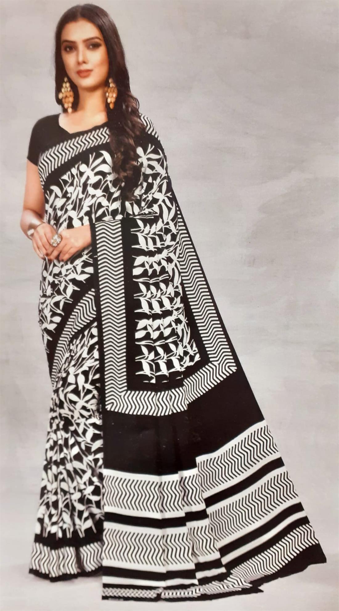 Black & White Digital Print Silk Sarees
