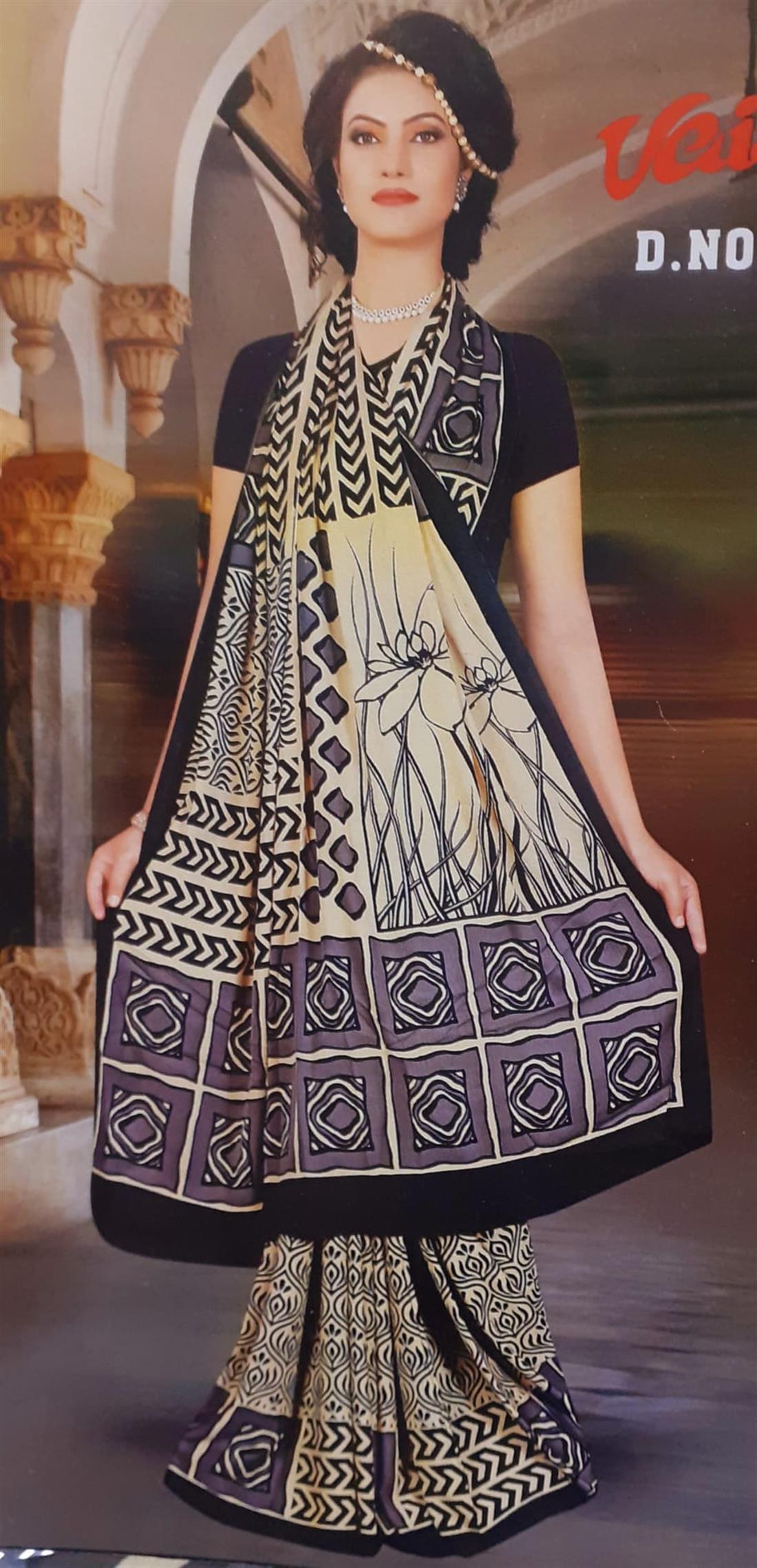 Beige & Black Digital Print Silk Sarees
