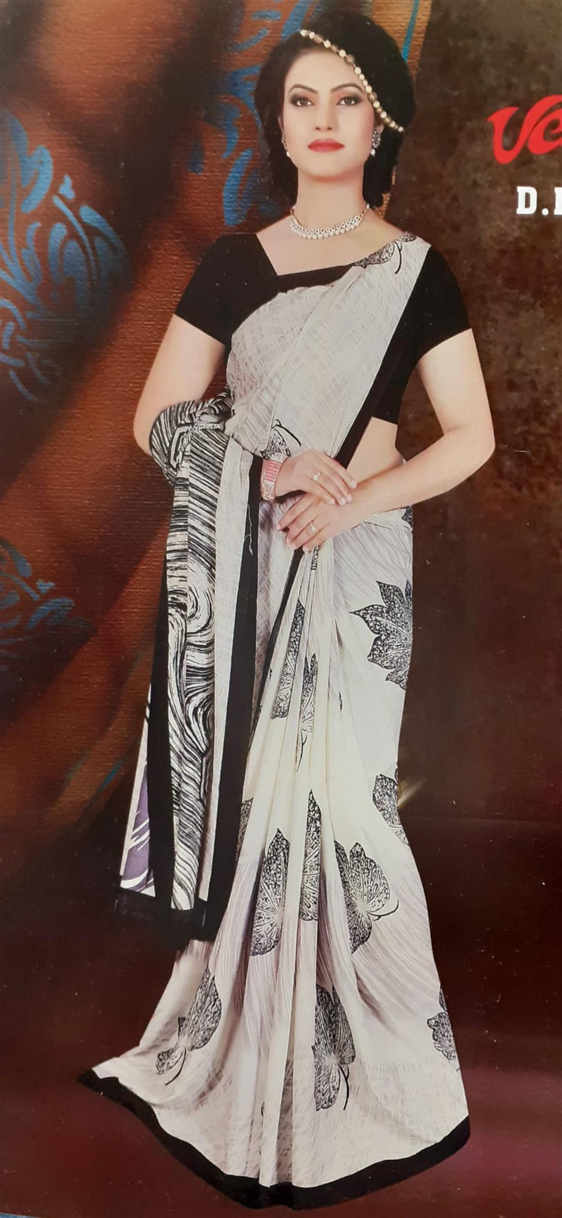 White & Black Digital Print Silk Sarees