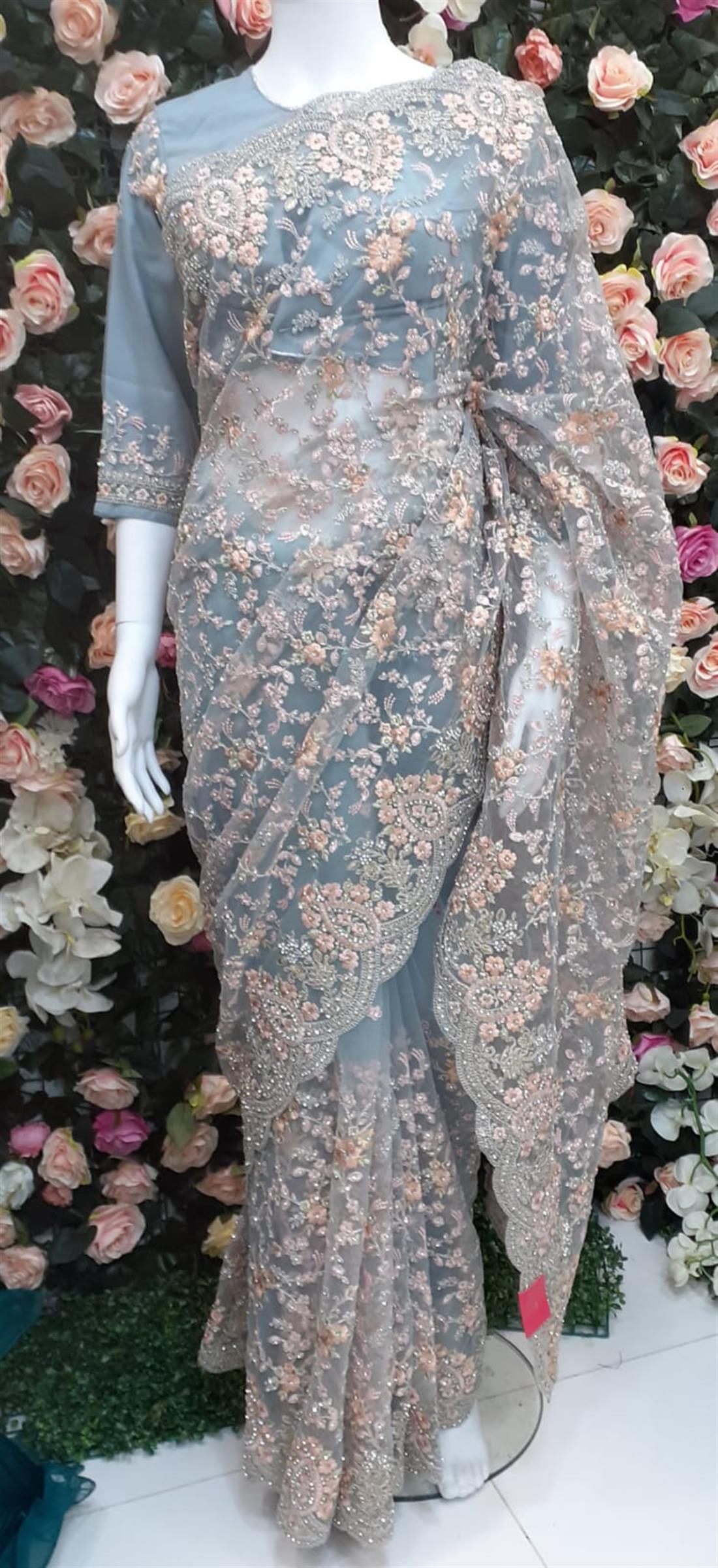 Powder Blue Mint Net Saree with Thread and Stone Work