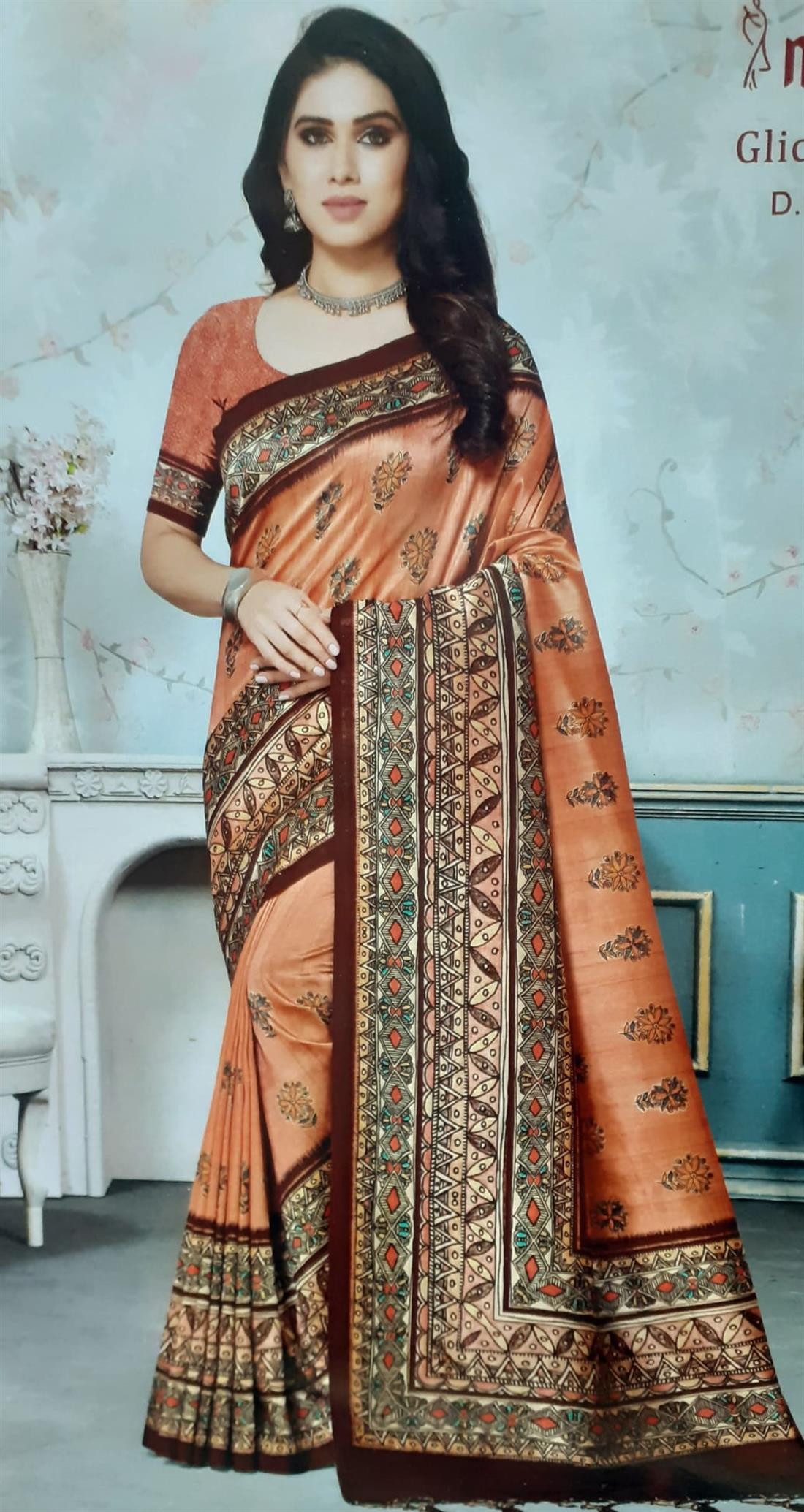 Light Peach Banarasi Silk Saree with Digital Printed