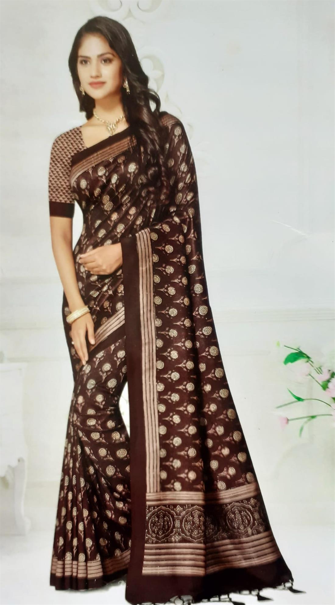 Brown Banarasi Silk Saree with Digital Printed
