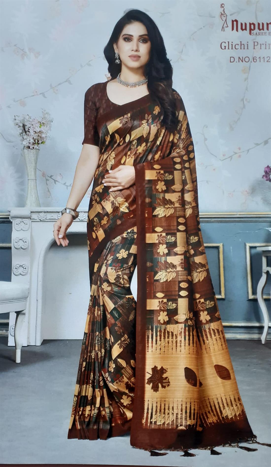Brown & Multicolour Banarasi Silk Saree with Digital Printed Work