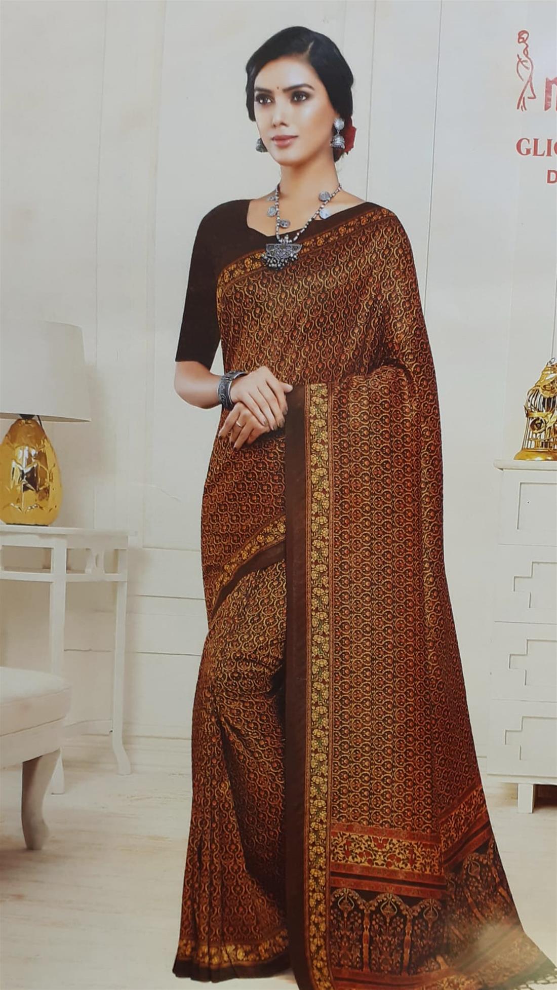 Chocolate Brown Banarasi Silk Saree with Digital Printed Work