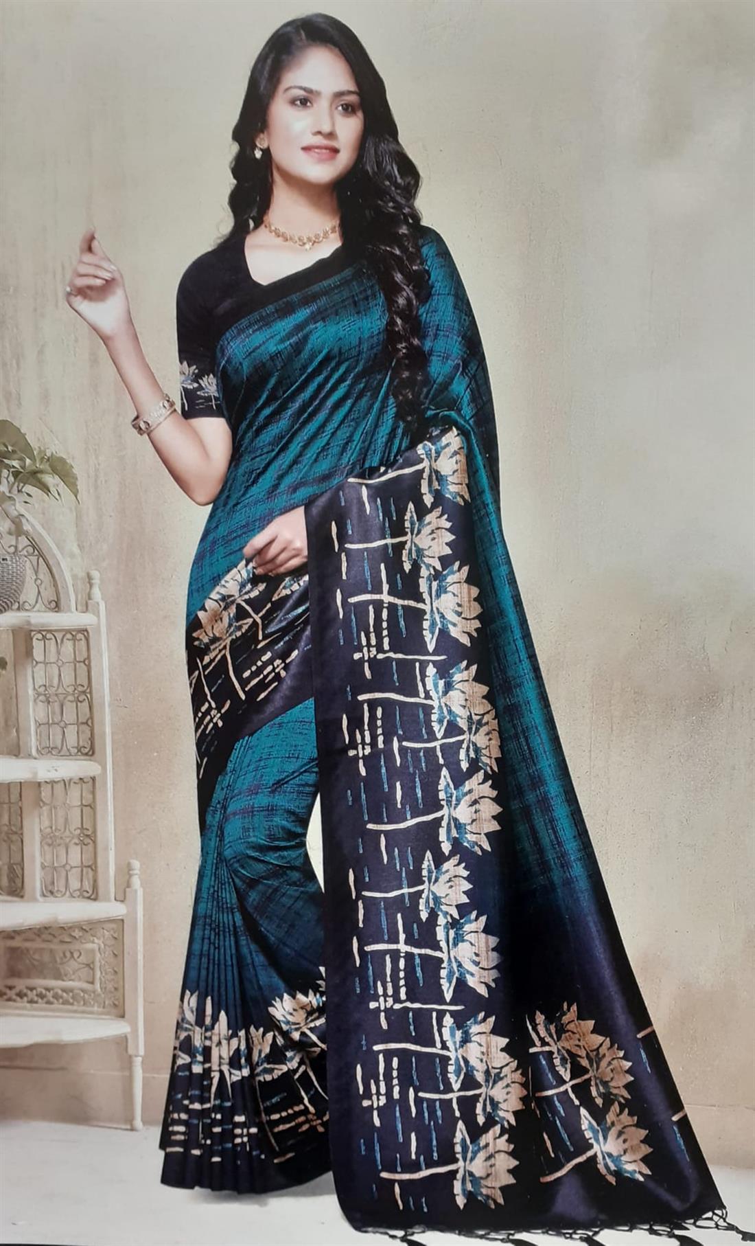 Teal Banarasi Silk Saree with Digital Printed Work