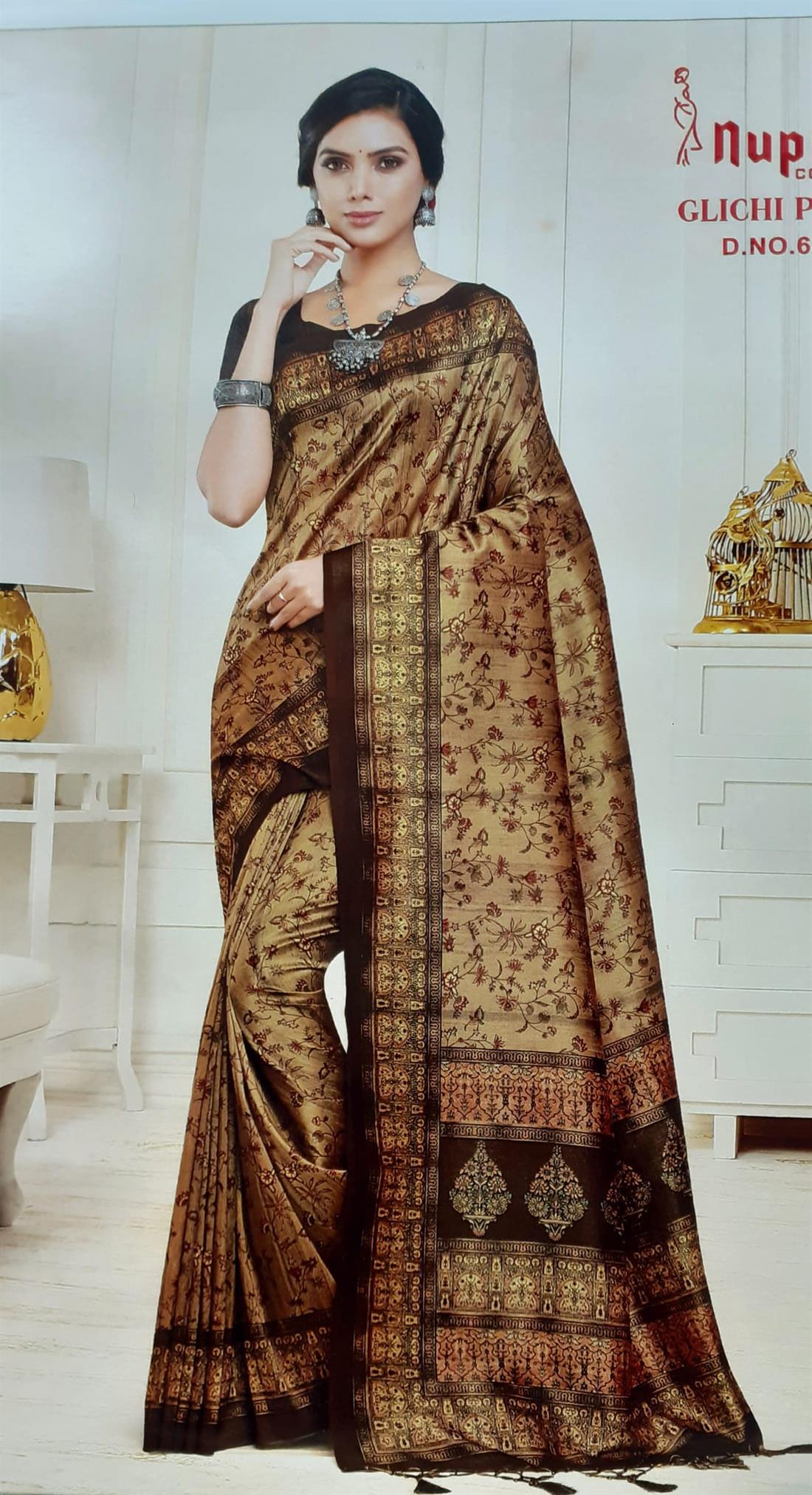 Brown Digital Print Banarasi Sarees