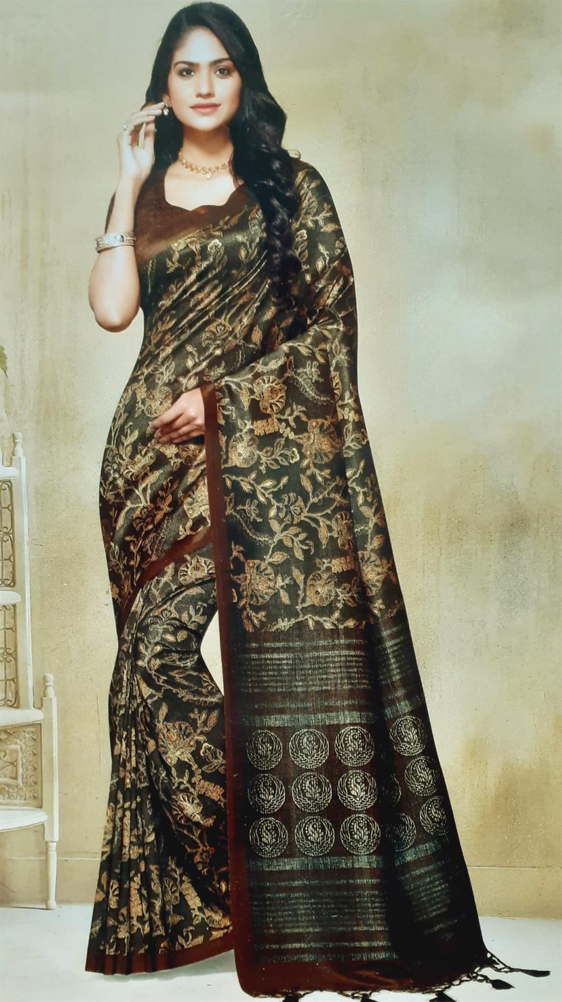 Brown Digital Print Banarasi Sarees