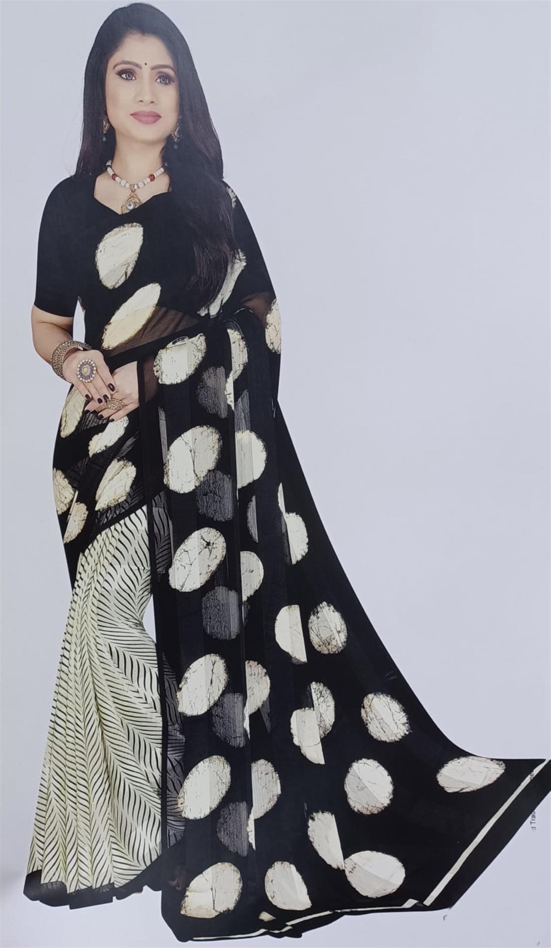Cream & Black Printed Chiffon Sarees