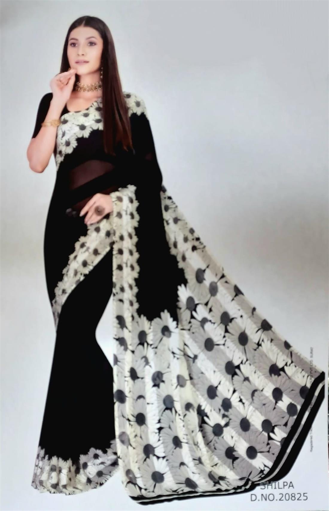 Black & White Printed Chiffon Sarees