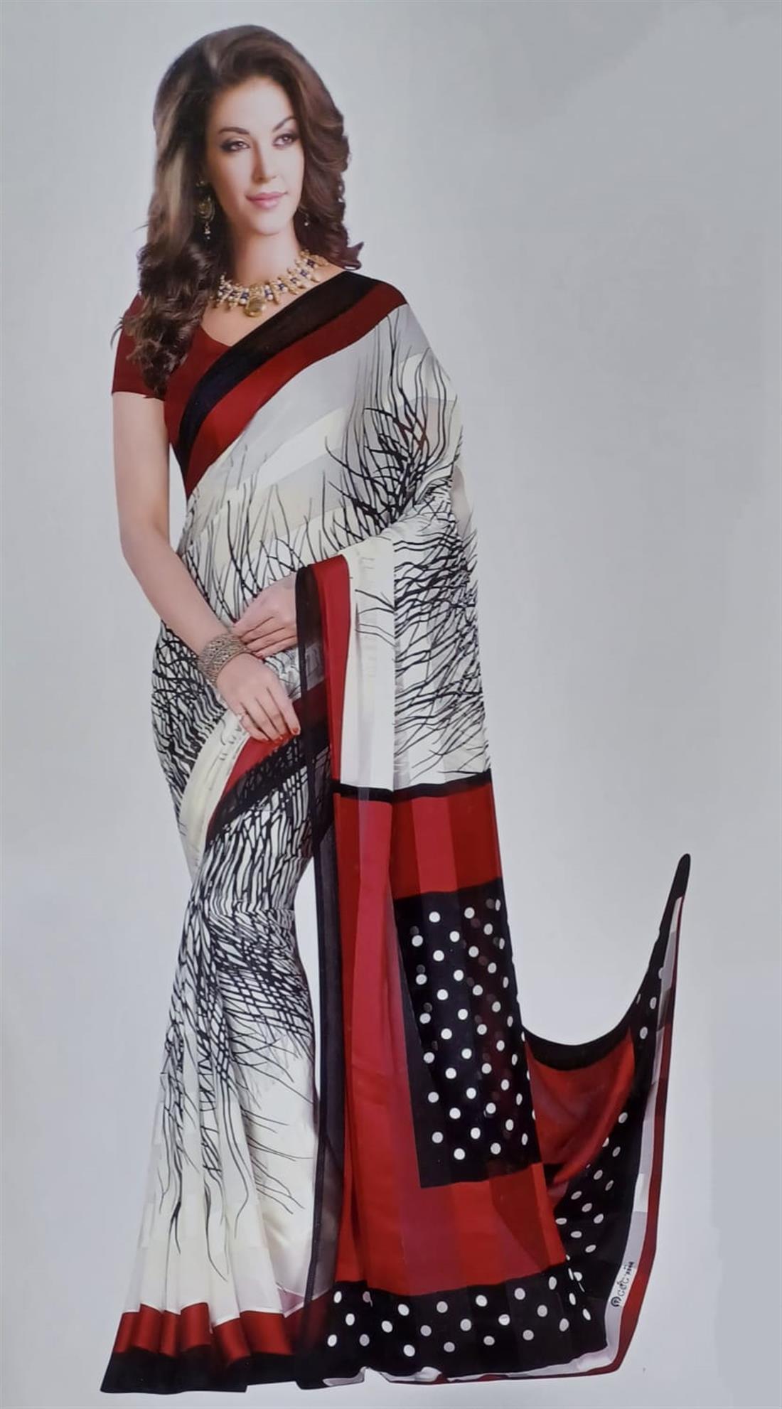 White & Red Printed Chiffon Sarees