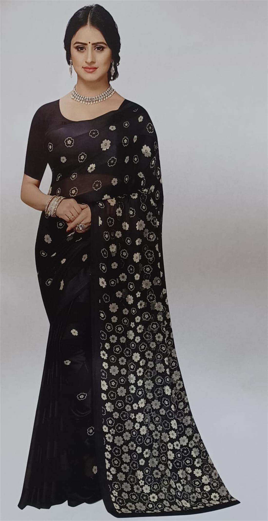 Black & Cream Printed Chiffon Sarees