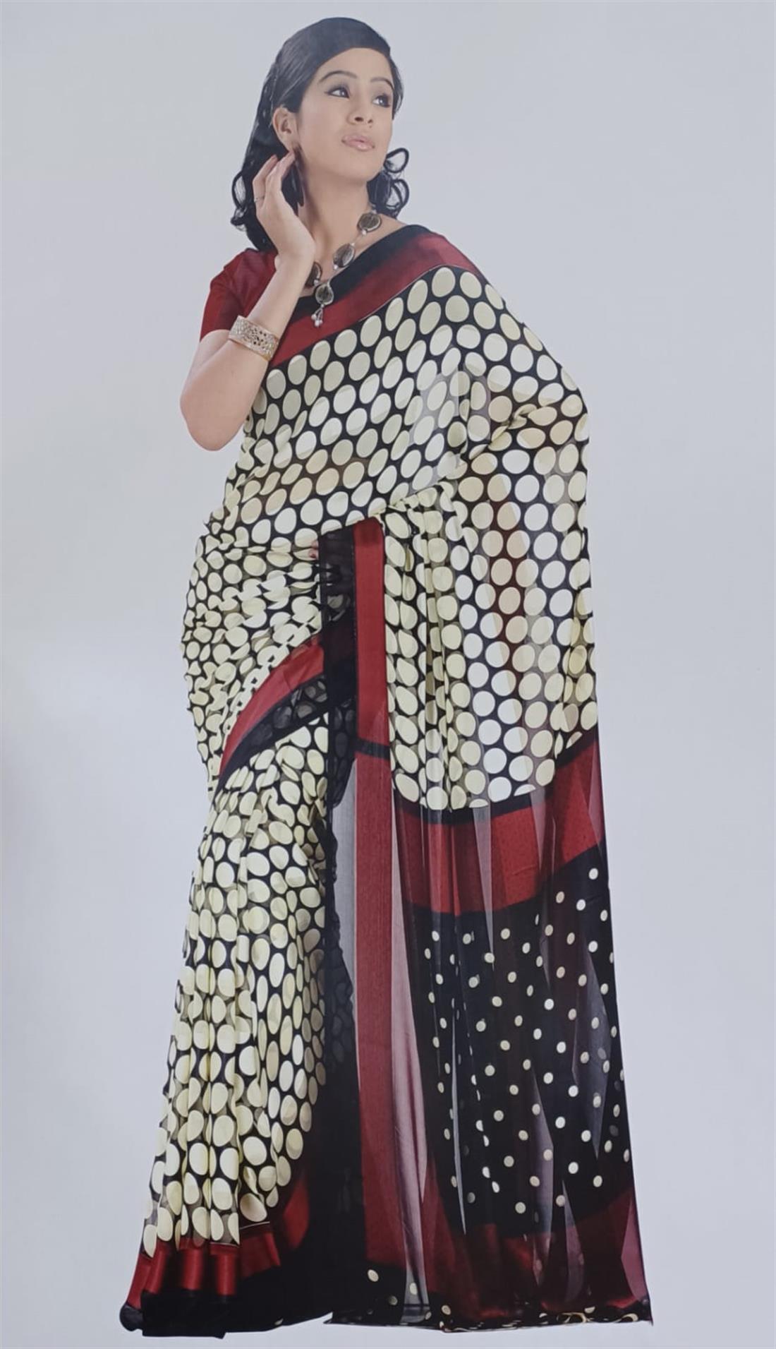 Cream & Black Printed Chiffon Sarees