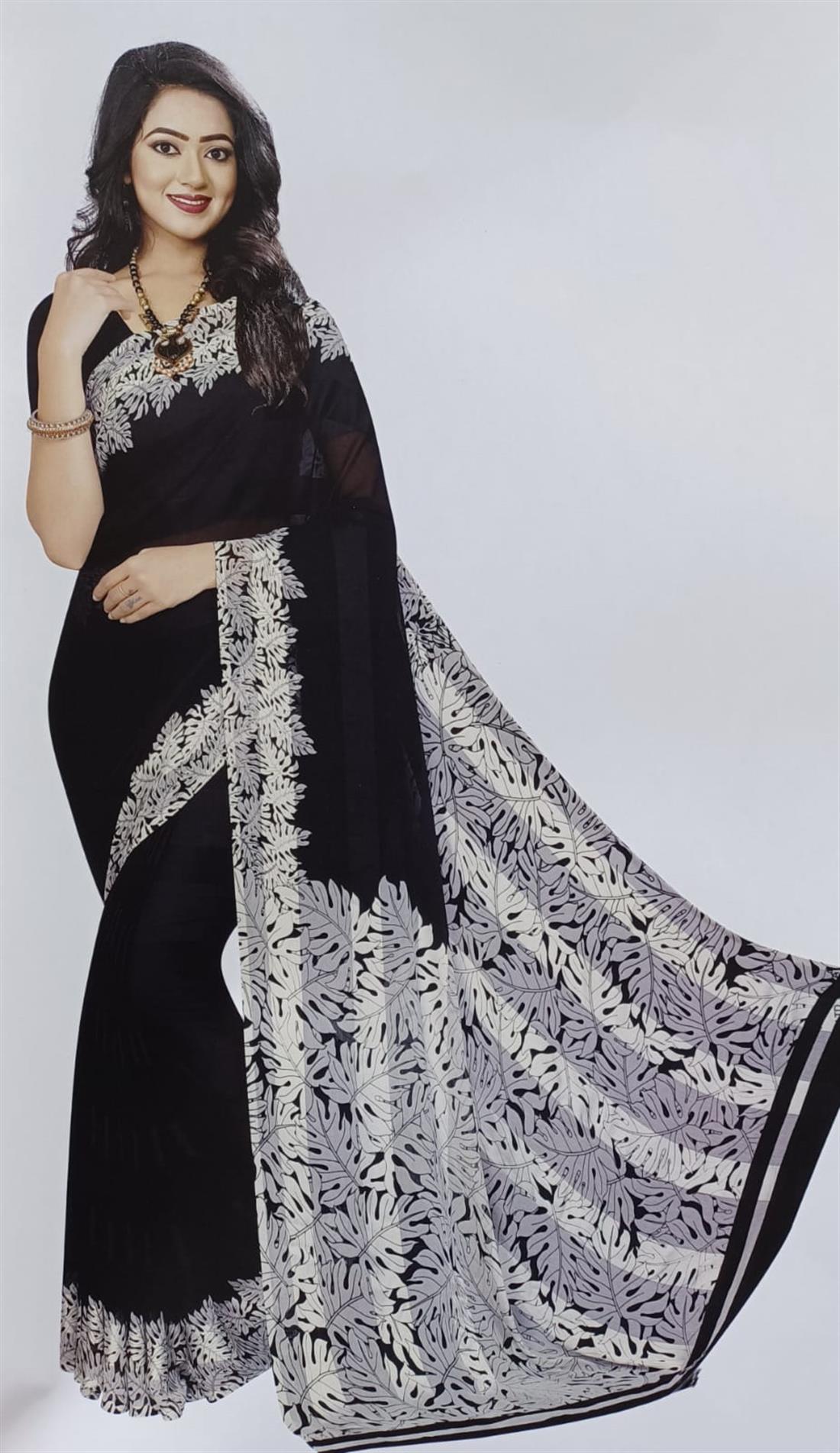 Black & White Printed Chiffon Sarees