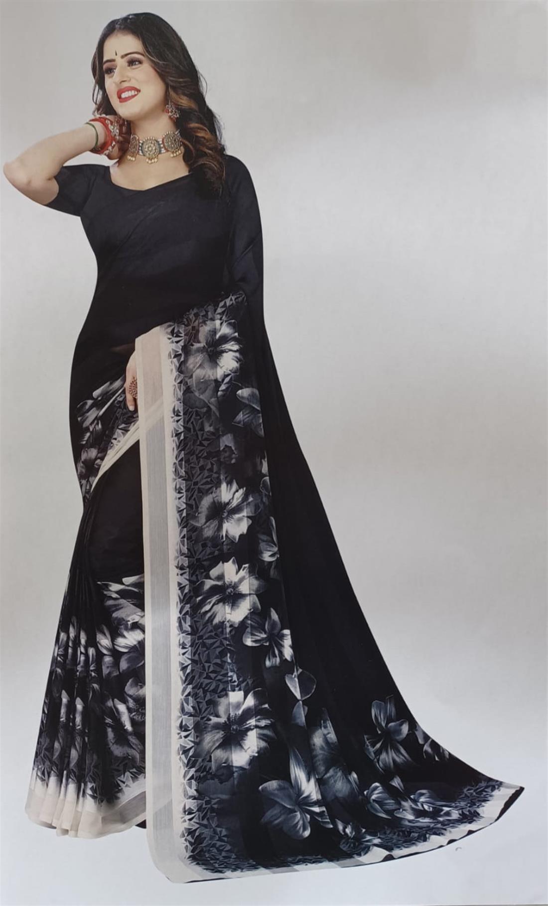 Black Printed Chiffon Sarees