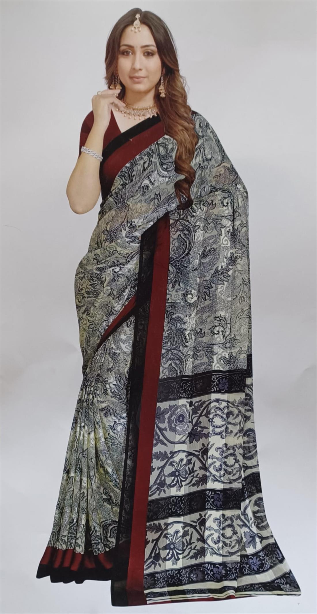 Cream & Black Printed Chiffon Sarees