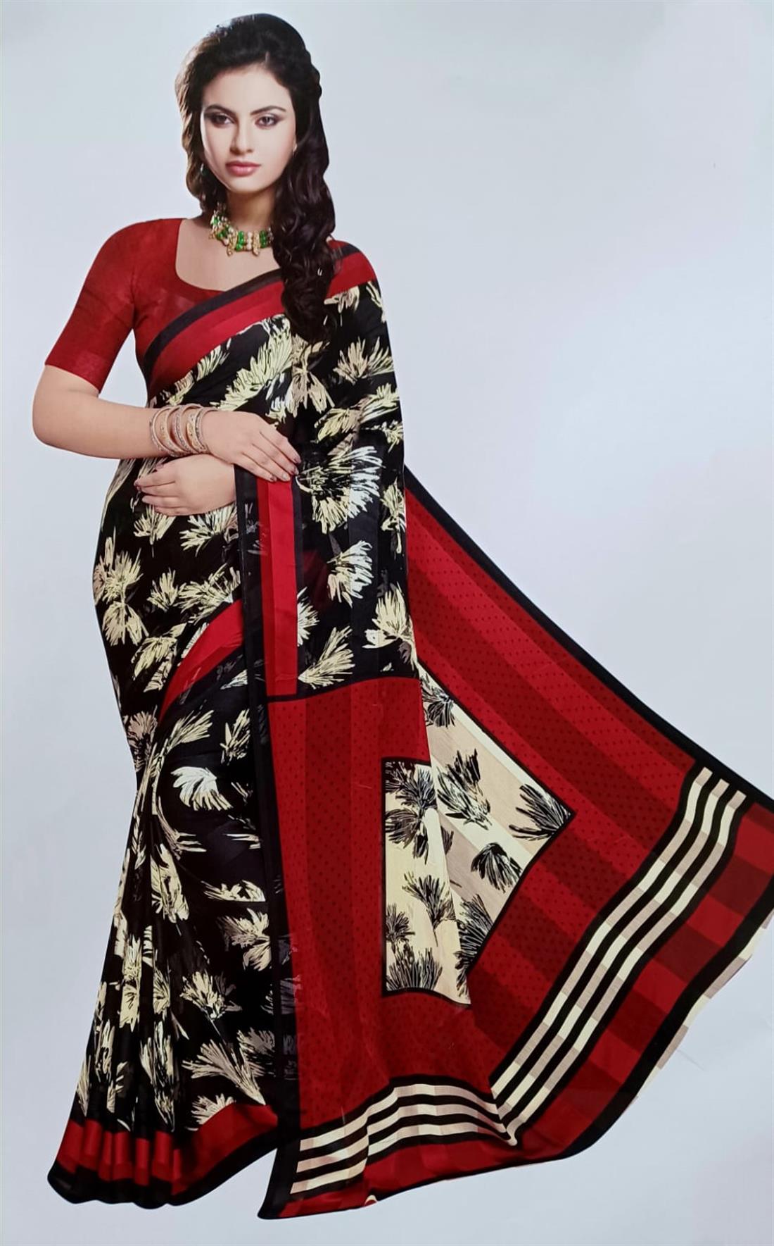Black & RED Printed Chiffon Sarees