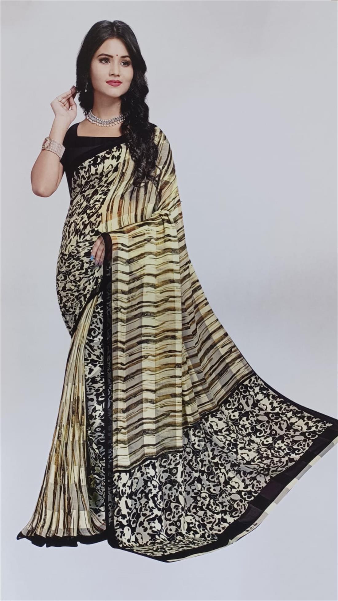 Cream & Black Printed Chiffon Sarees