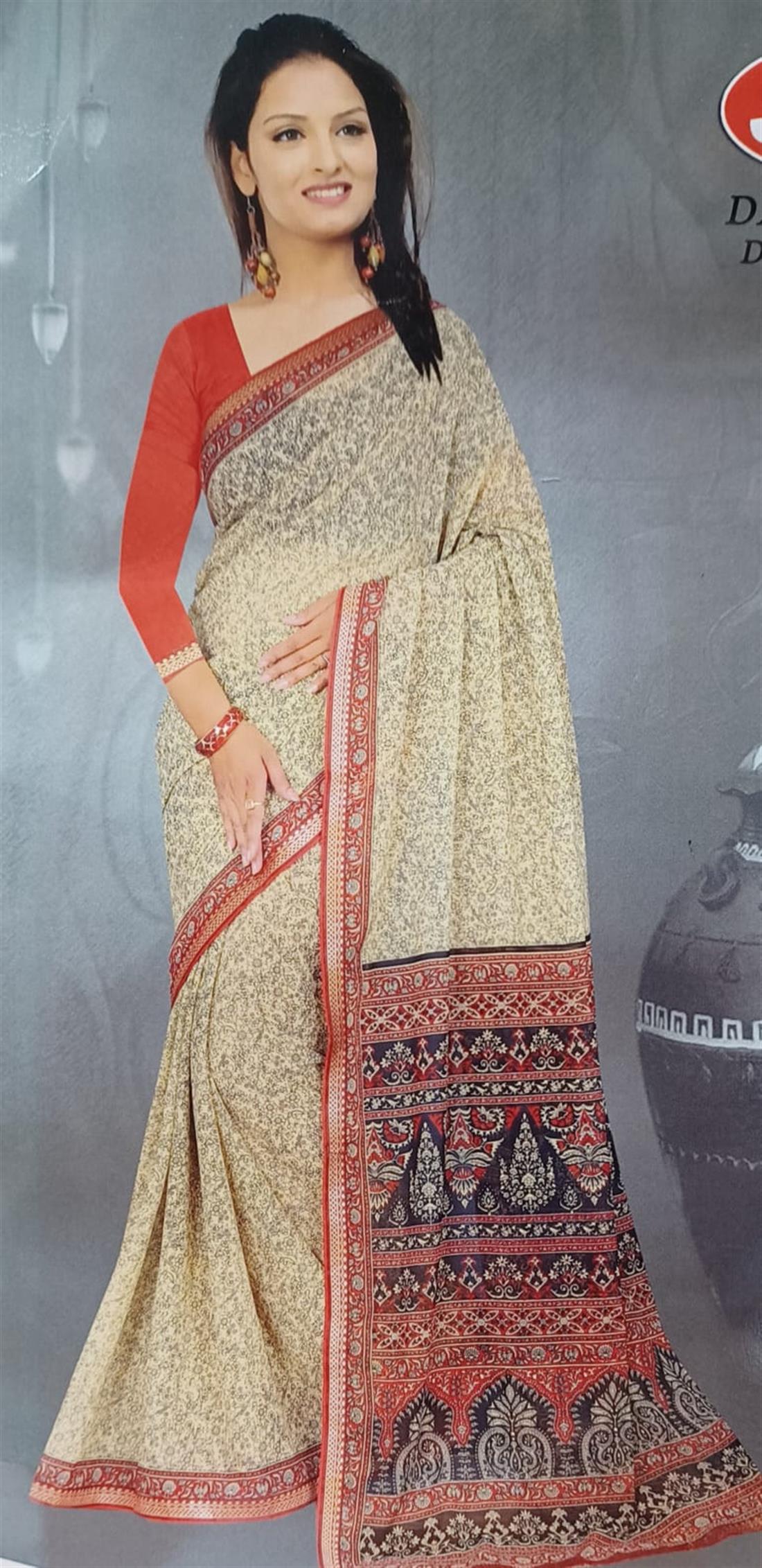 Beige & Red Georgette Printed Saree with Short Sleeve Blouse