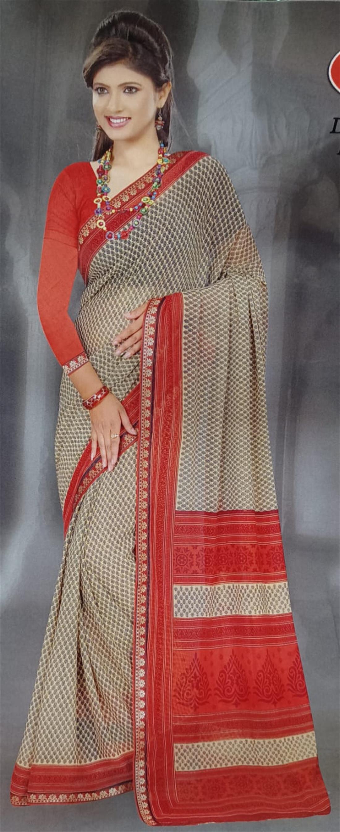 Beige & Red Georgette Printed Saree with Short Sleeve Blouse