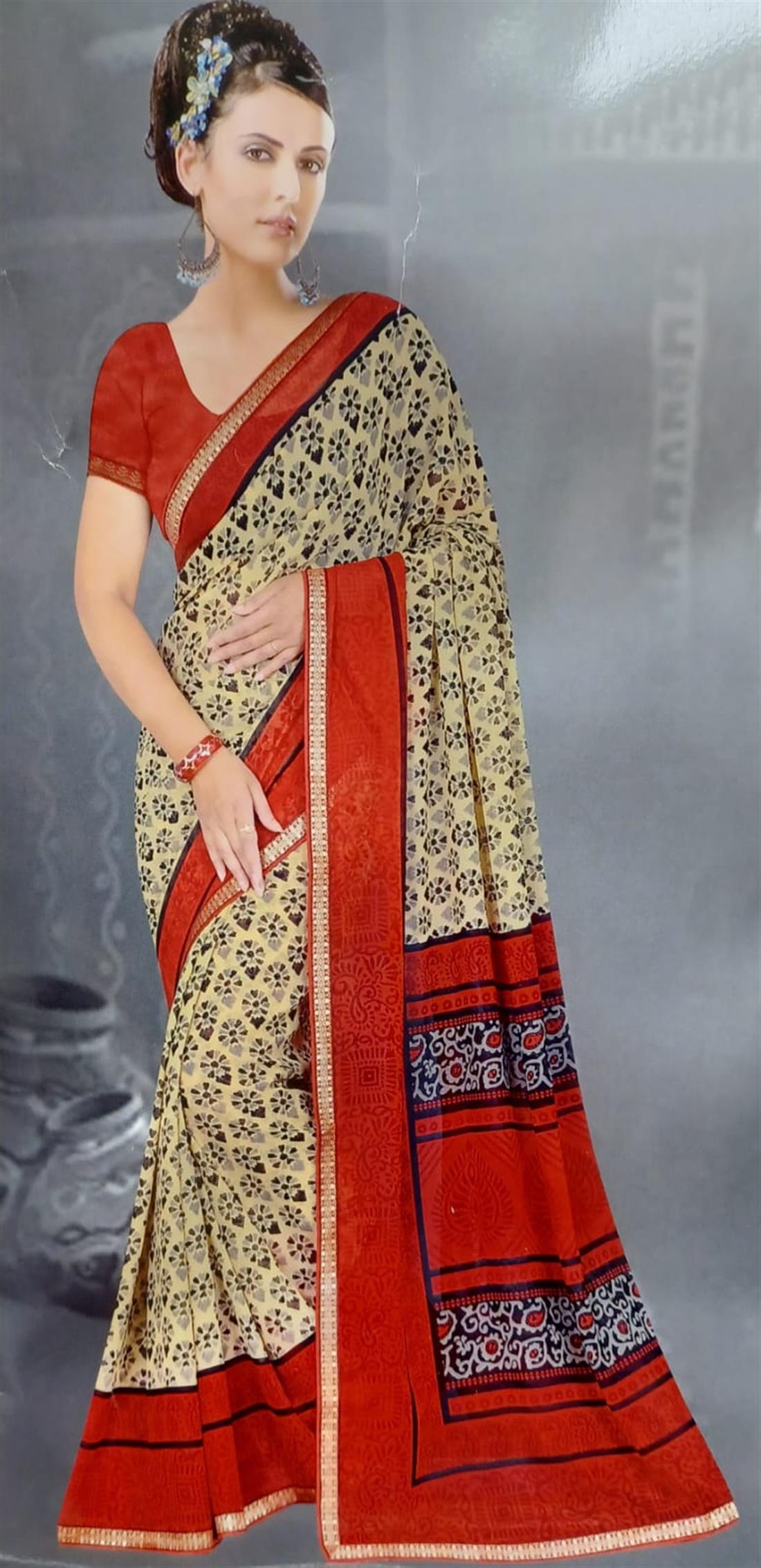 Beige & Red Georgette Printed Saree with Short Sleeve Blouse